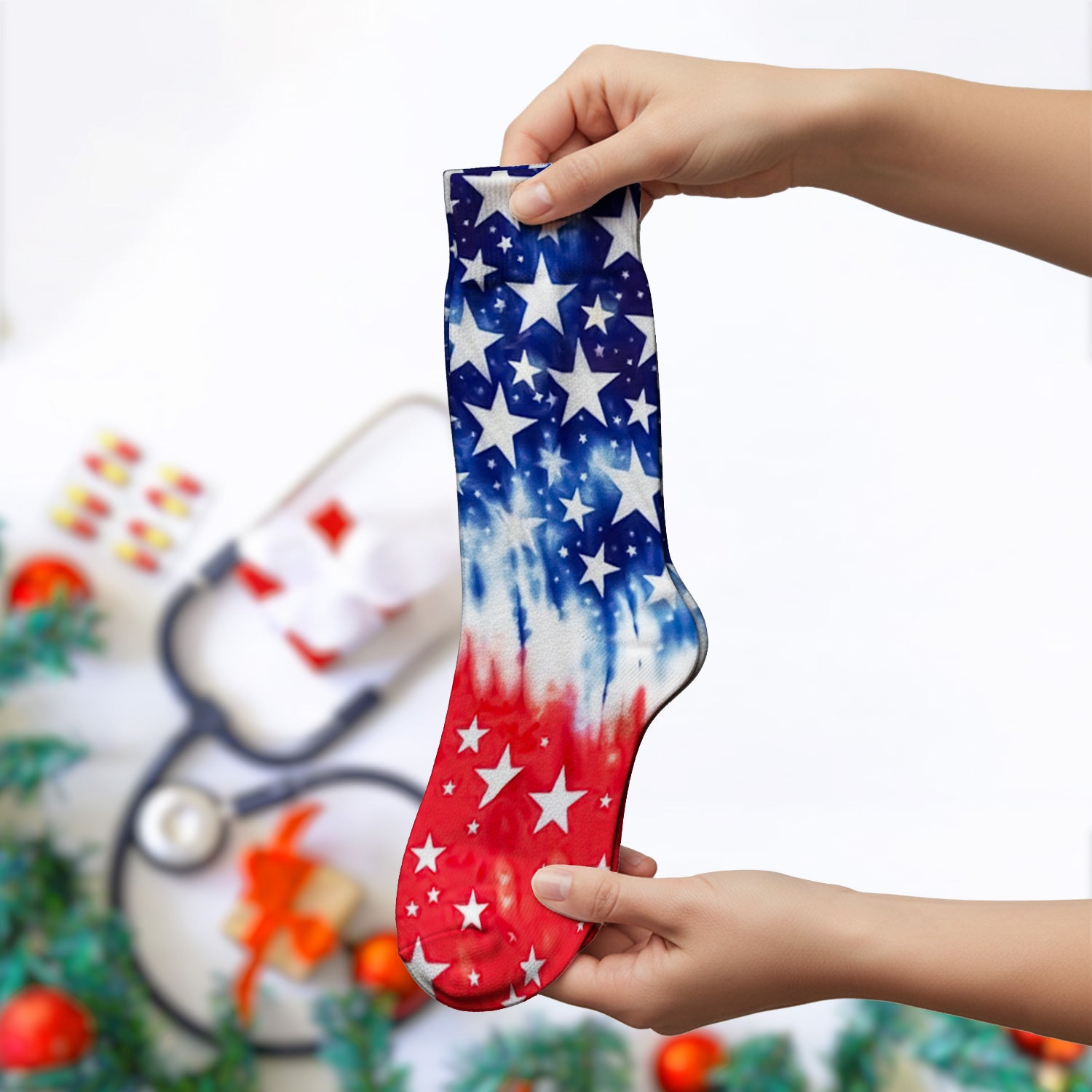 Patriotic Stars Tie Dye Pattern Socks, Adult Socks for Men and Women