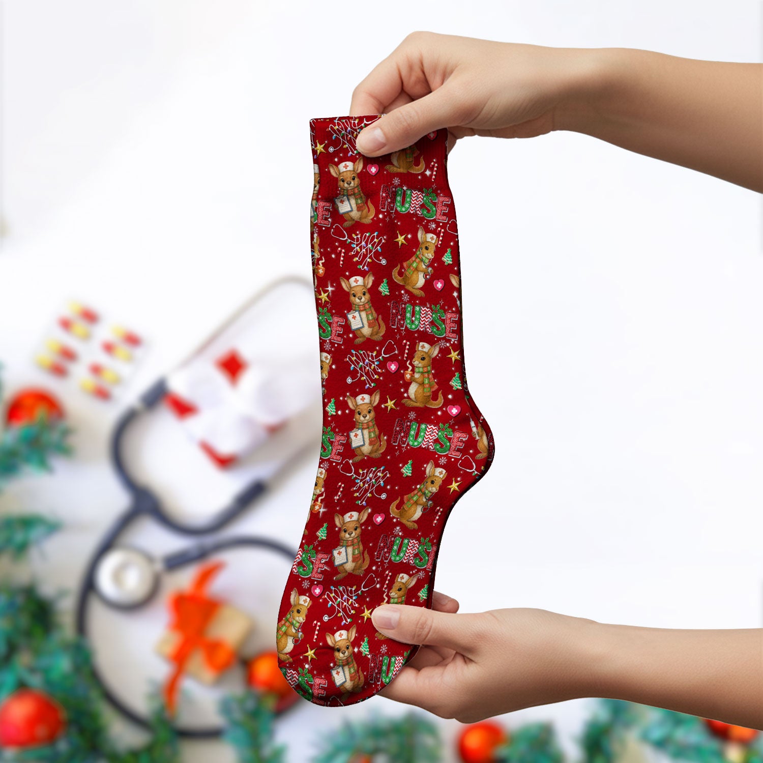 Aussie Kangaroo Christmas Socks for Nurse Doctor - Funny Holiday Adult Socks for Men and Women - Breathable Fabrics Medical Uniform