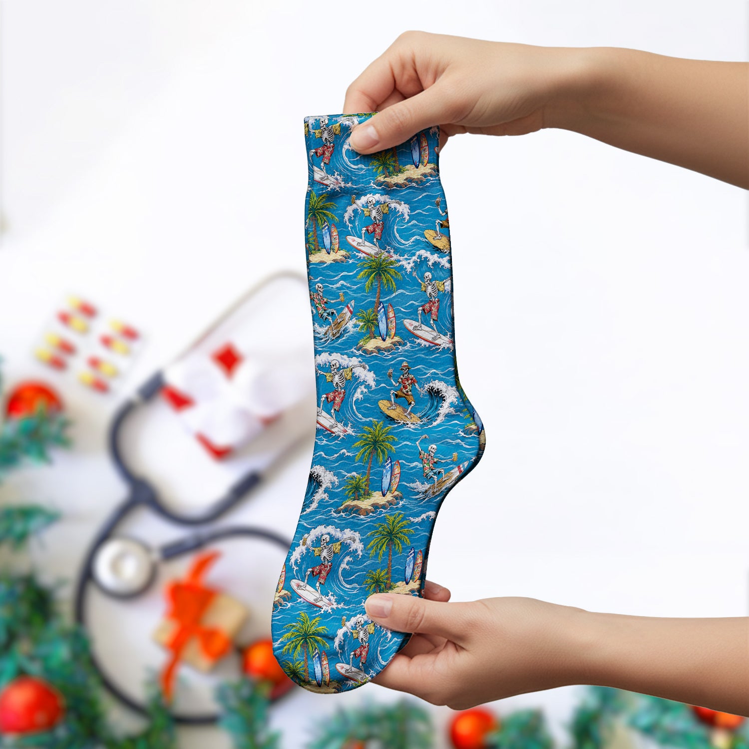 Spooky Tropical Skeleton Surfer Pattern Socks, Adult Socks for Men and Women