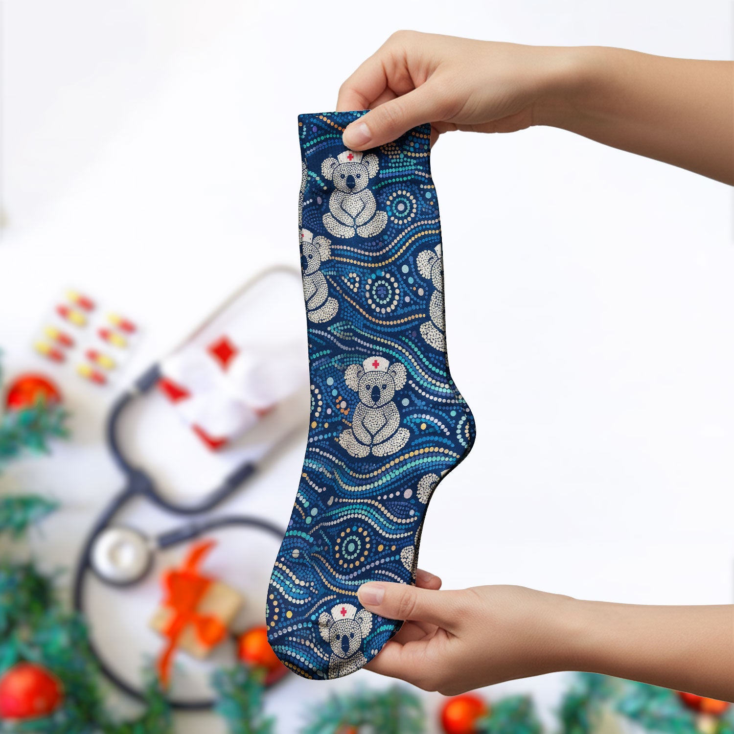 Koala Pattern Nurse Scrub Socks, Aboriginal Dot Art Medical Sock For Women, Breathable Fabrics Nursing Uniform