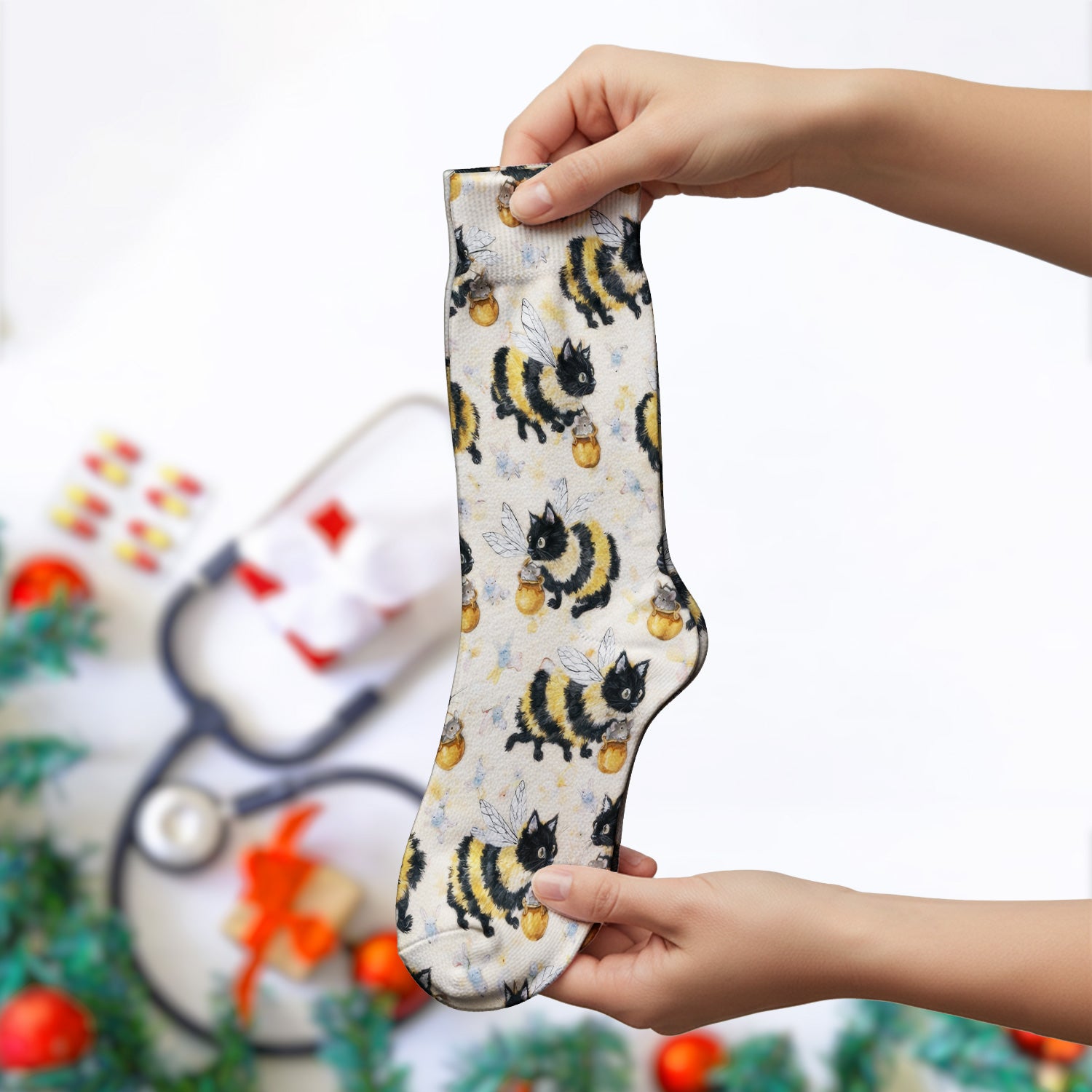 Adorable Nurse Bumblebee Cat Honey Jar Winged Pattern Socks, Adult Socks for Men and Women