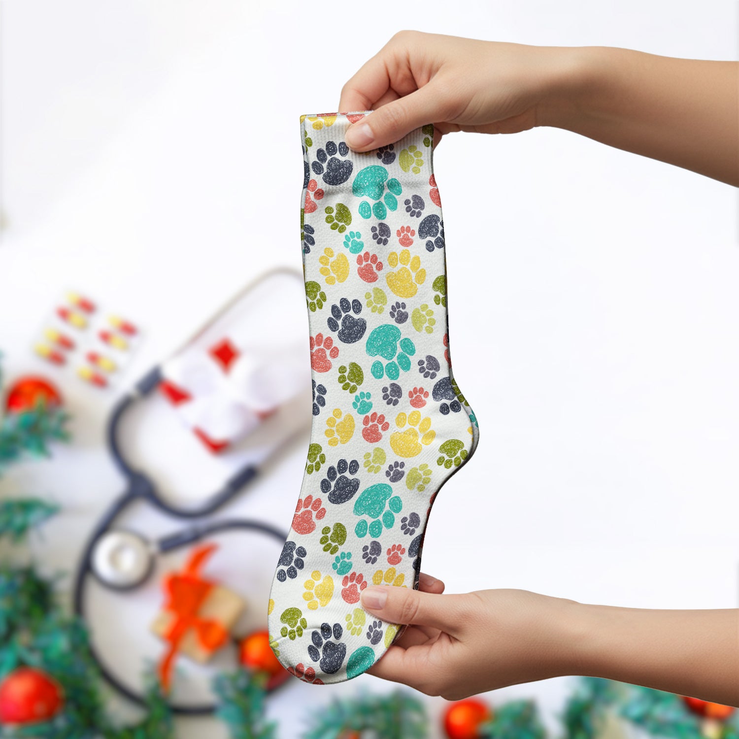 Colorful Paw Print Animal Pattern Medical Socks, Adult Socks for Men and Women