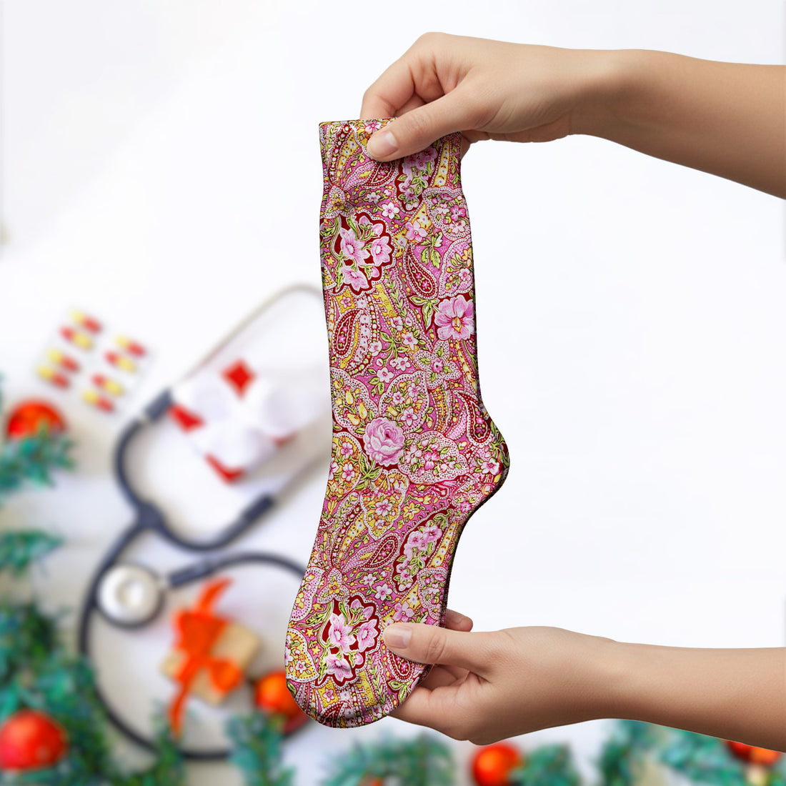 Pink Floral Paisley Blossom Print Nurse Socks, Socks for Nurse Doctor