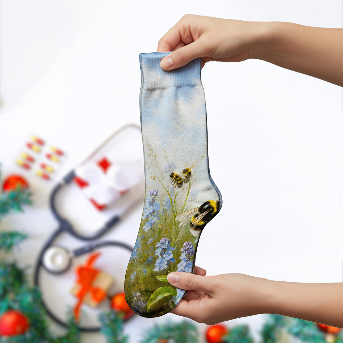 Whimsical Bumblebee Blue Blossom Pattern Socks, Adult Socks for Men and Women