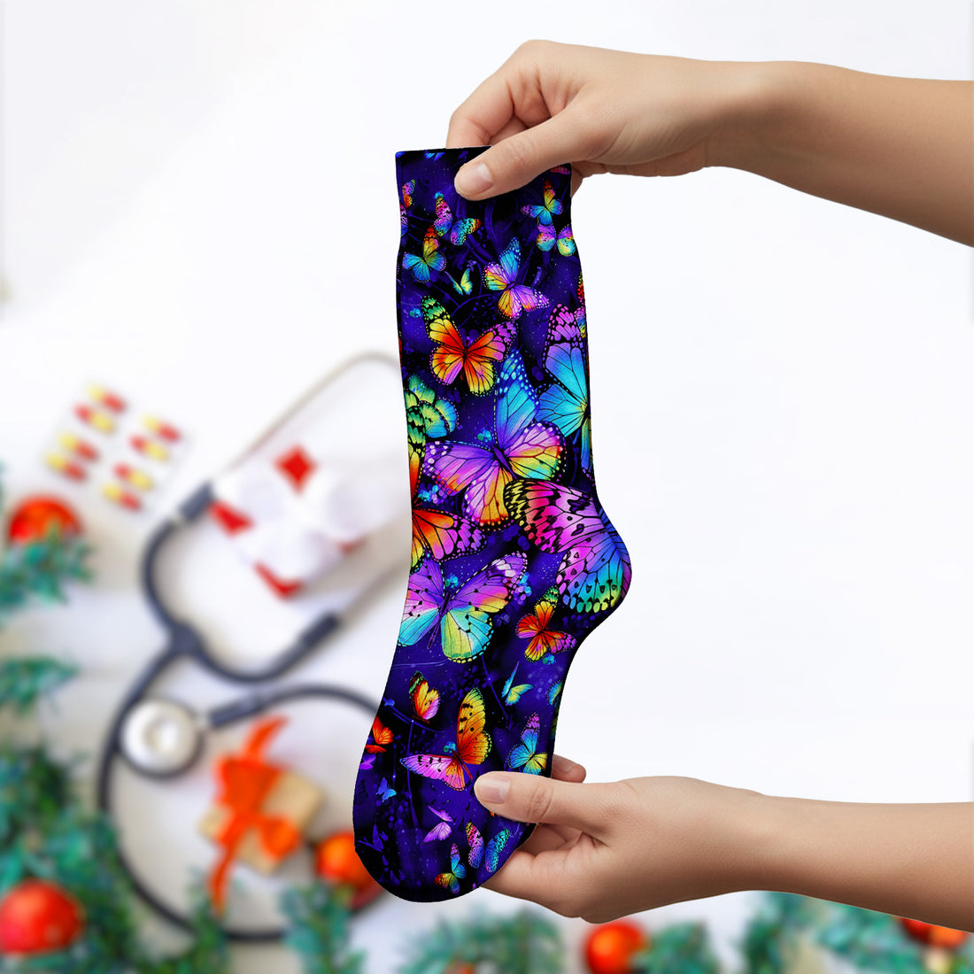 Vibrant Rainbow Butterfly Galaxy Pattern Socks, Adult Socks for Men and Women