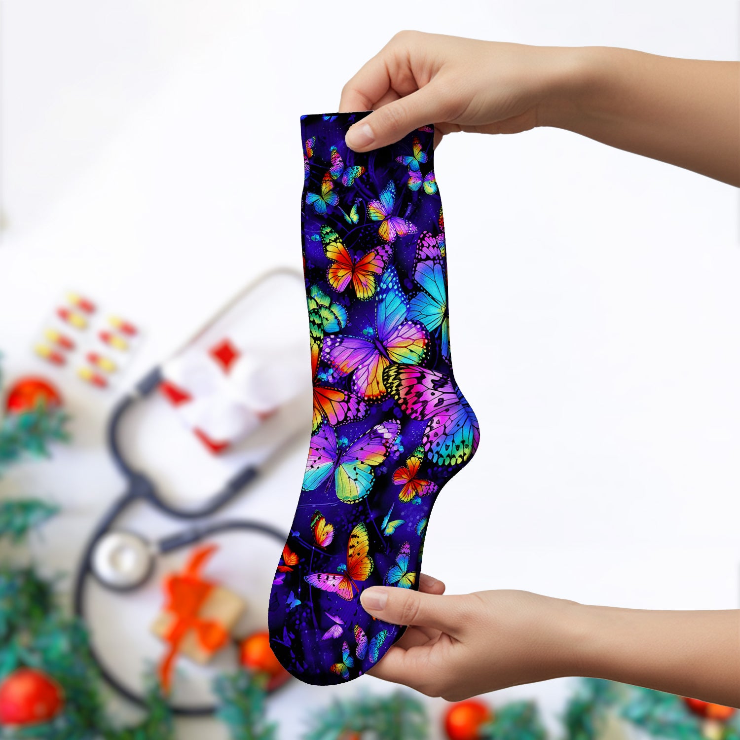 Vibrant Rainbow Butterfly Galaxy Pattern Socks, Adult Socks for Men and Women