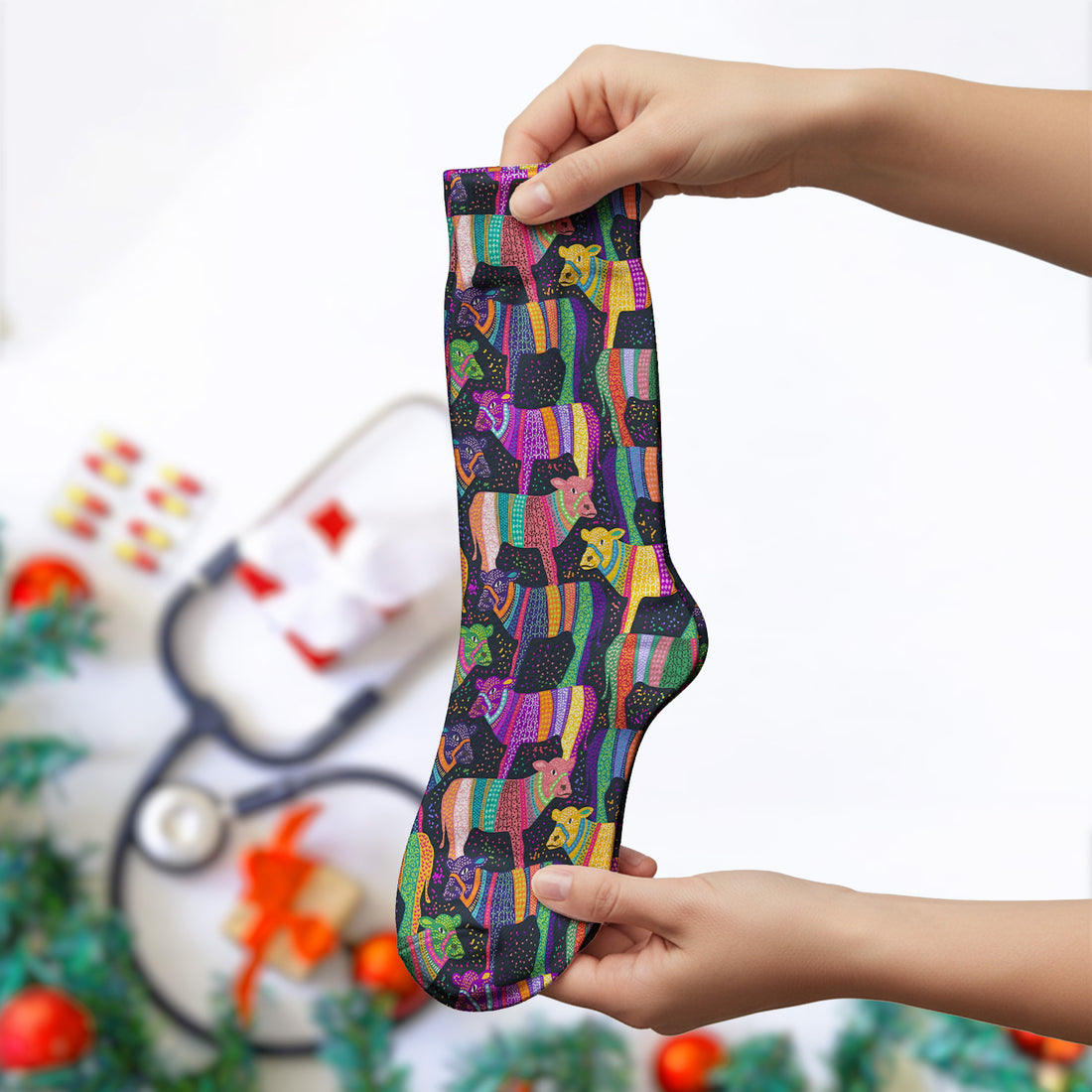 Vibrant Patchwork Rainbow Cow Pattern Socks, Socks for Nurse Doctor