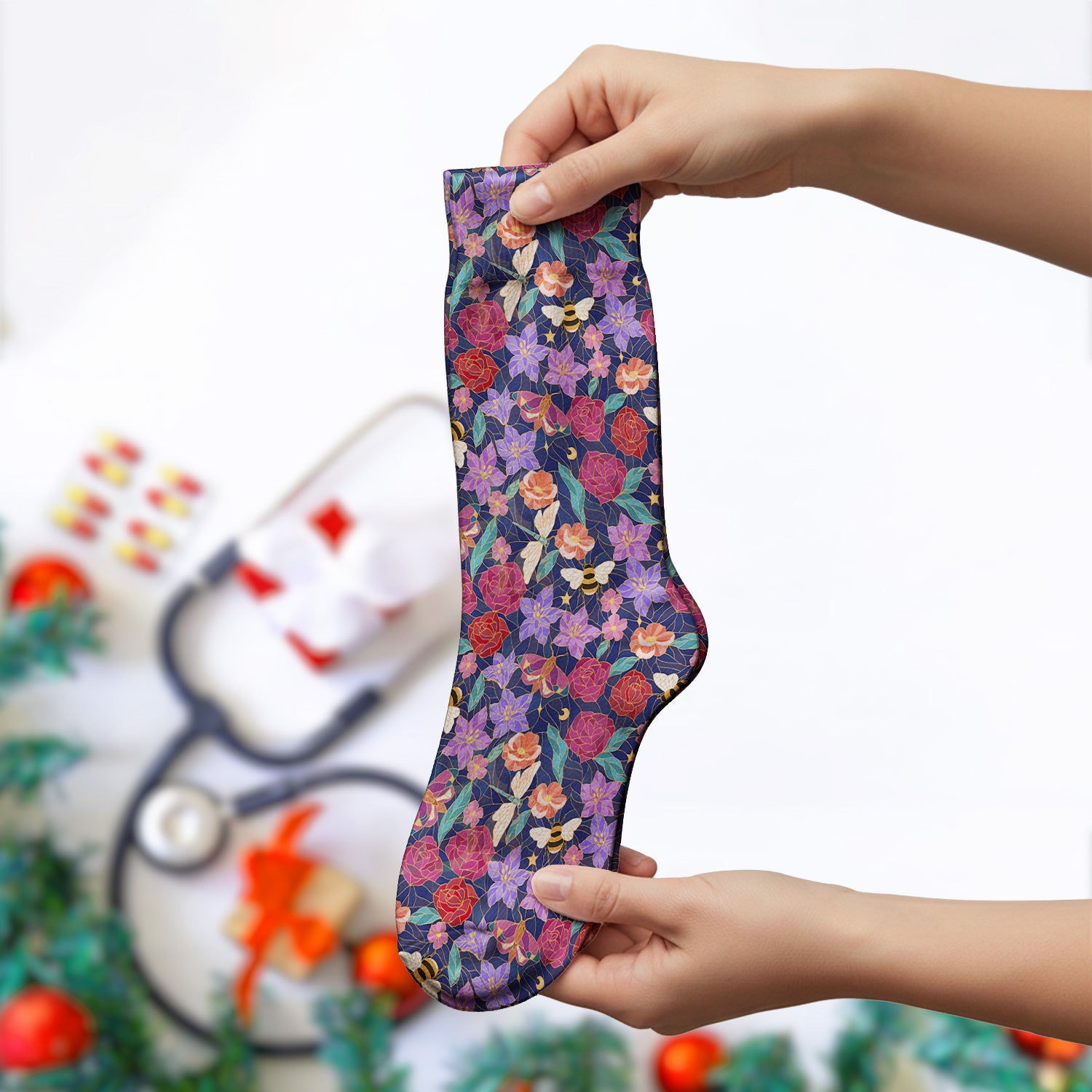 Charming Floral Garden With Bees And Dragonflies Socks, Adult Socks for Men and Women