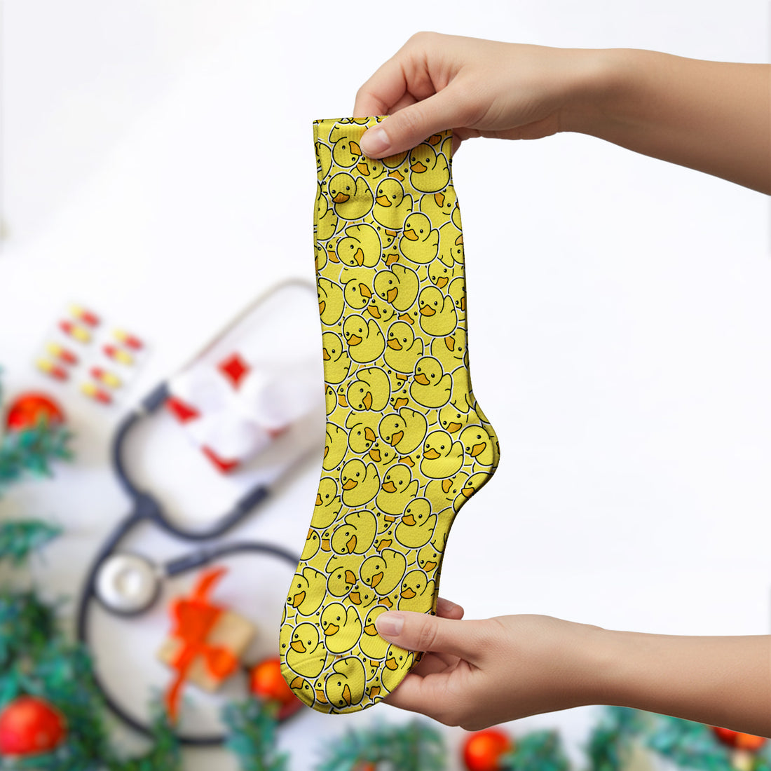 Yellow Rubber Duck Pattern Socks, Adult Socks for Men and Women
