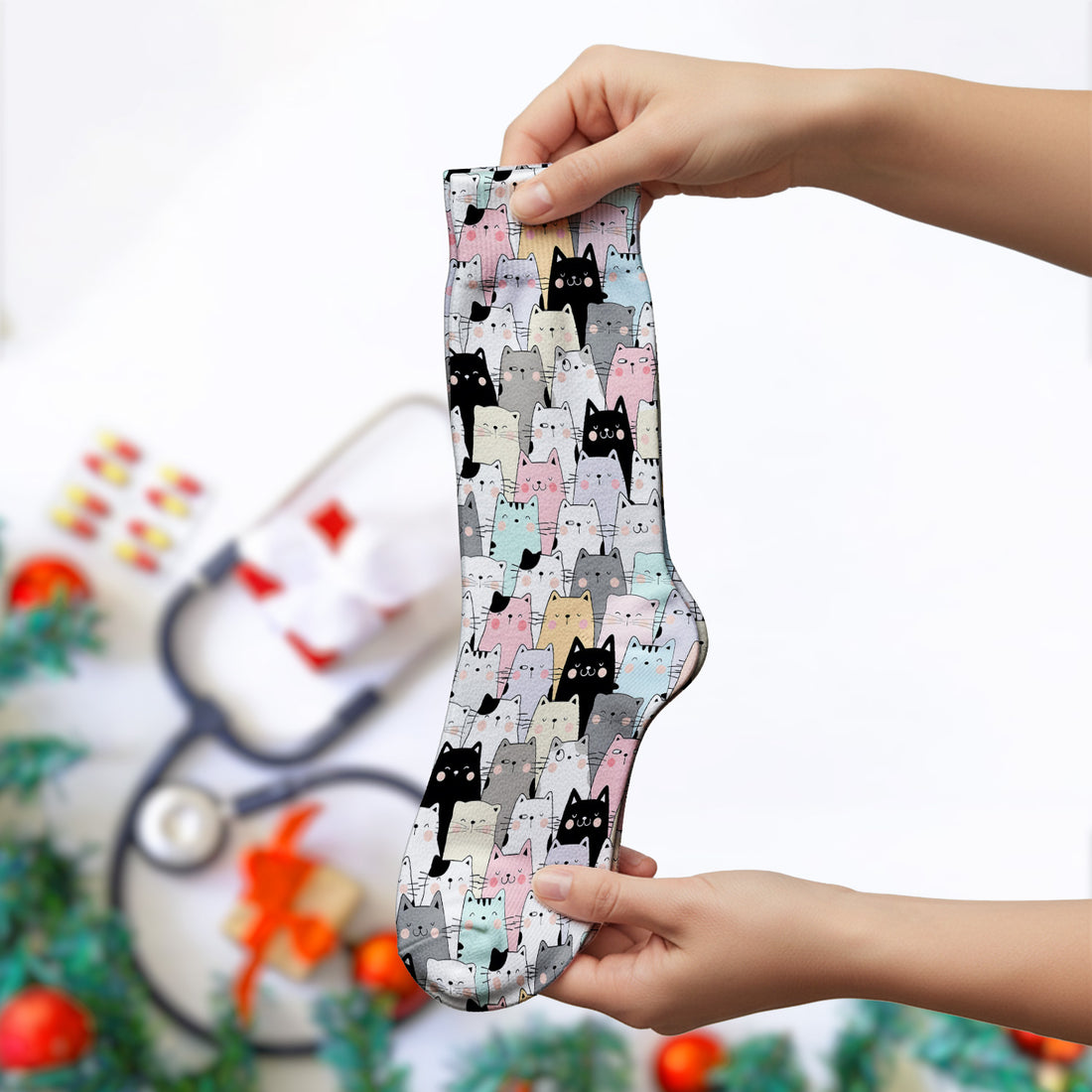 Playful Cartoon Cat Crowd Pattern Print Socks, Socks for Nurse Doctor