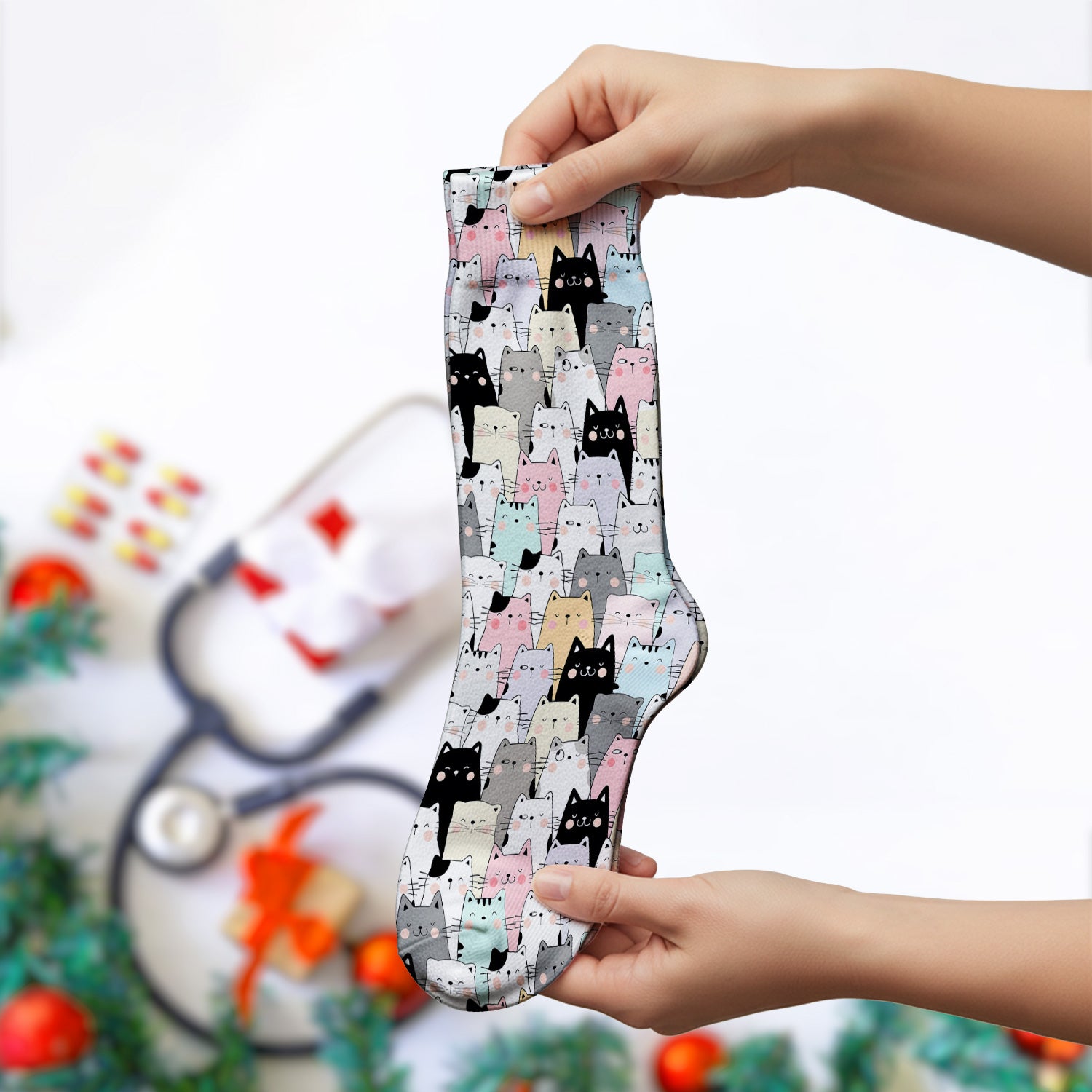 Playful Cartoon Cat Crowd Pattern Print Socks, Socks for Nurse Doctor