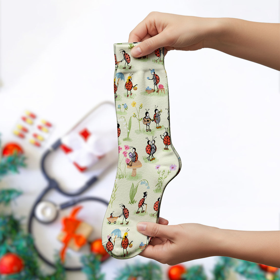 Whimsical Ladybug Garden Activity Pattern Socks, Socks for Nurse Doctor