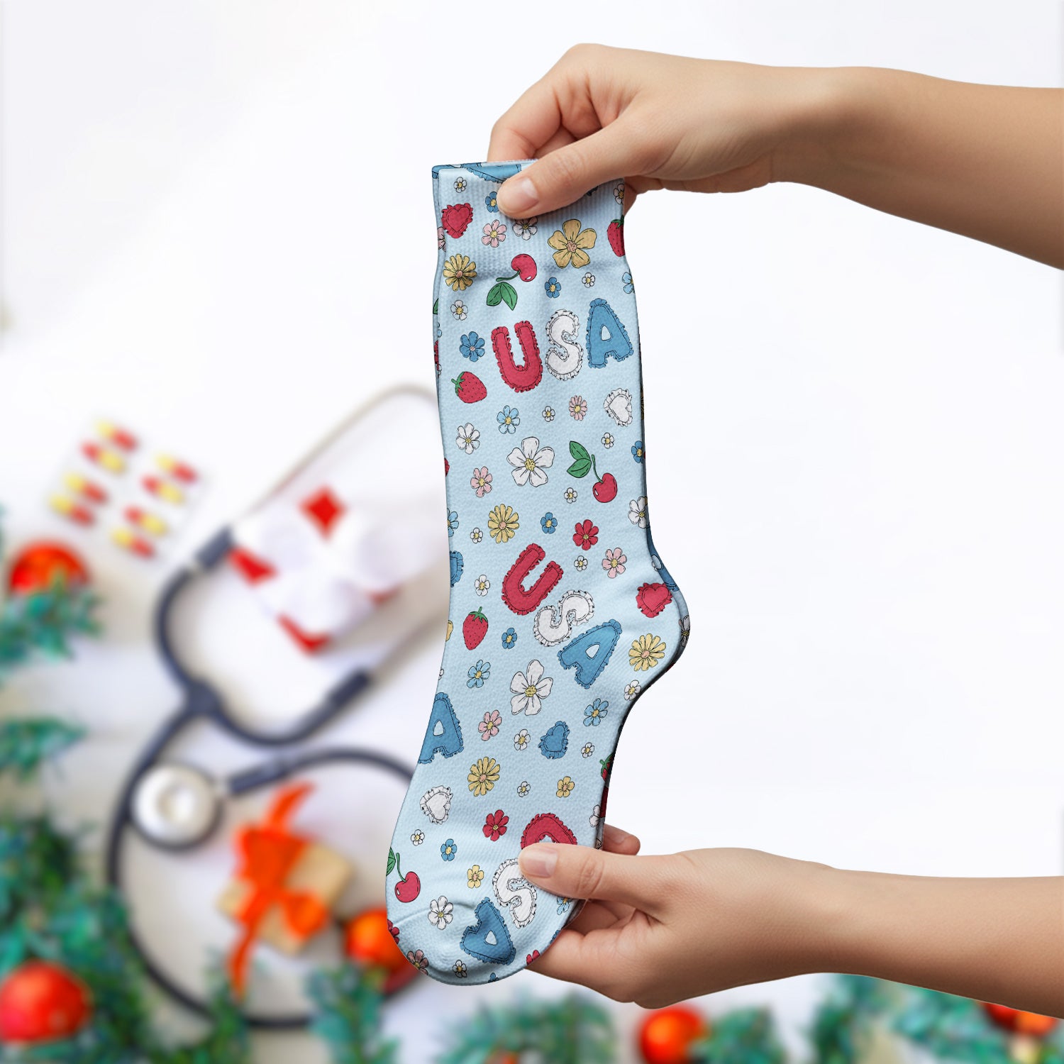 USA Cherry Strawberry Floral Patch Pattern Socks, Breathable Fabrics Medical Uniform