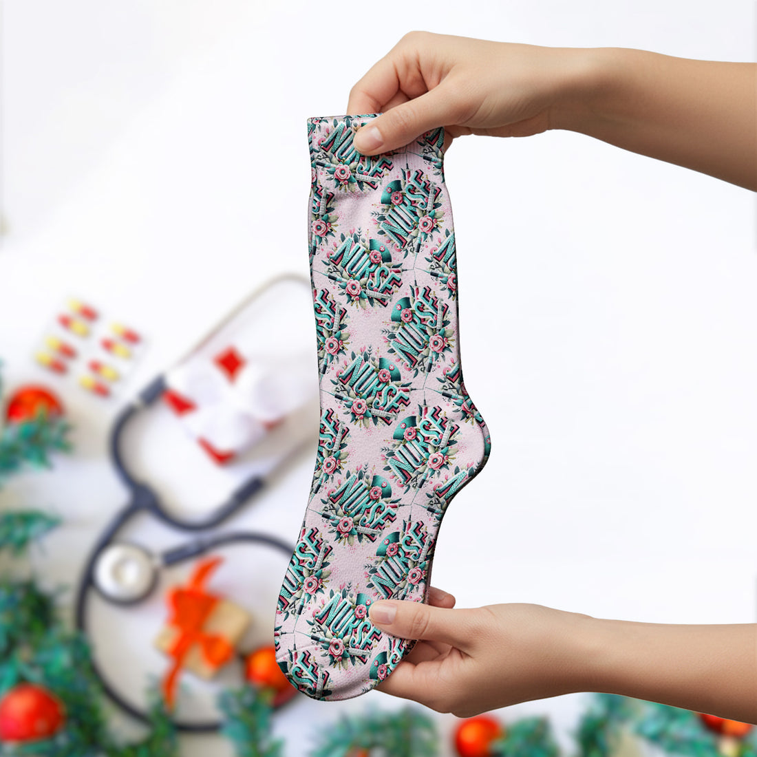 Cute Nurse Typography Floral Medical Pattern Socks, Breathable Fabrics Medical Uniform