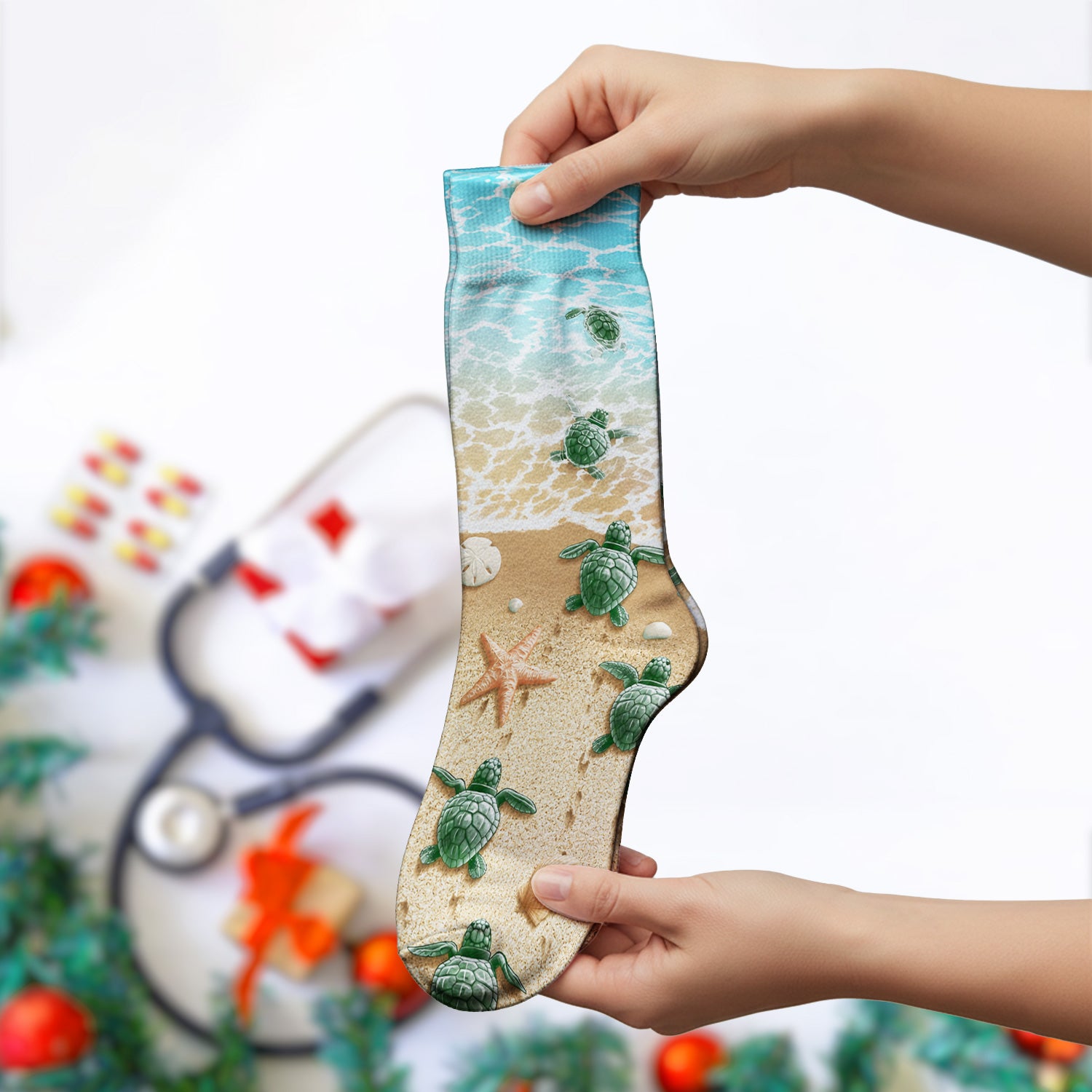 Coastal Sea Turtle Beach Pattern Socks, Adult Socks for Men and Women