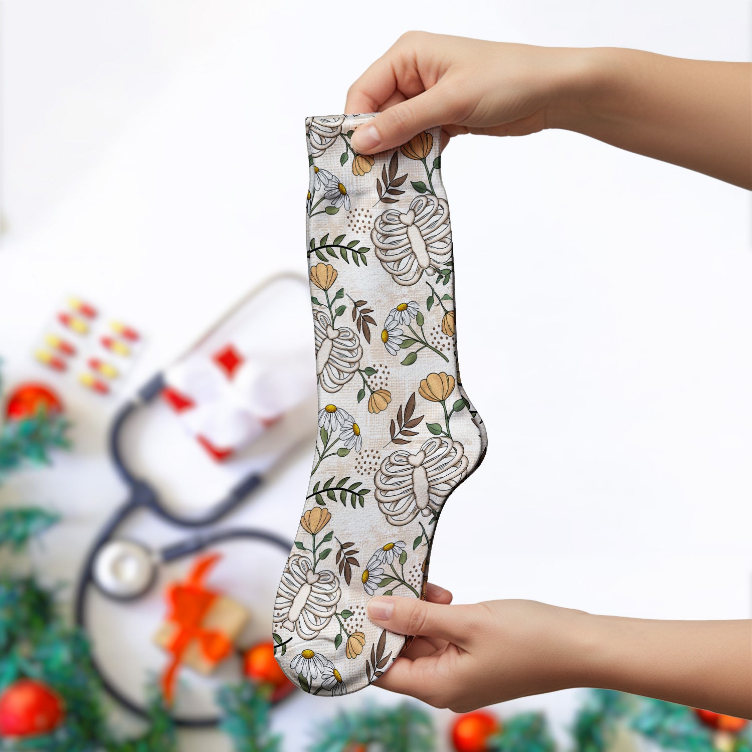 Skeleton Ribcage With Daisy And Butterfly Floral Socks, Adult Socks for Men and Women