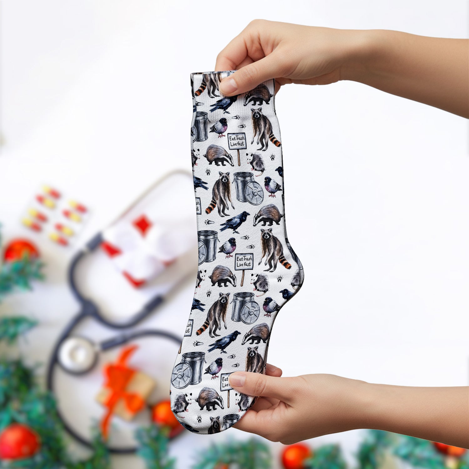 Raccoon And Opossum Eat Trash Live Fast Pattern Socks, Adult Socks for Men and Women