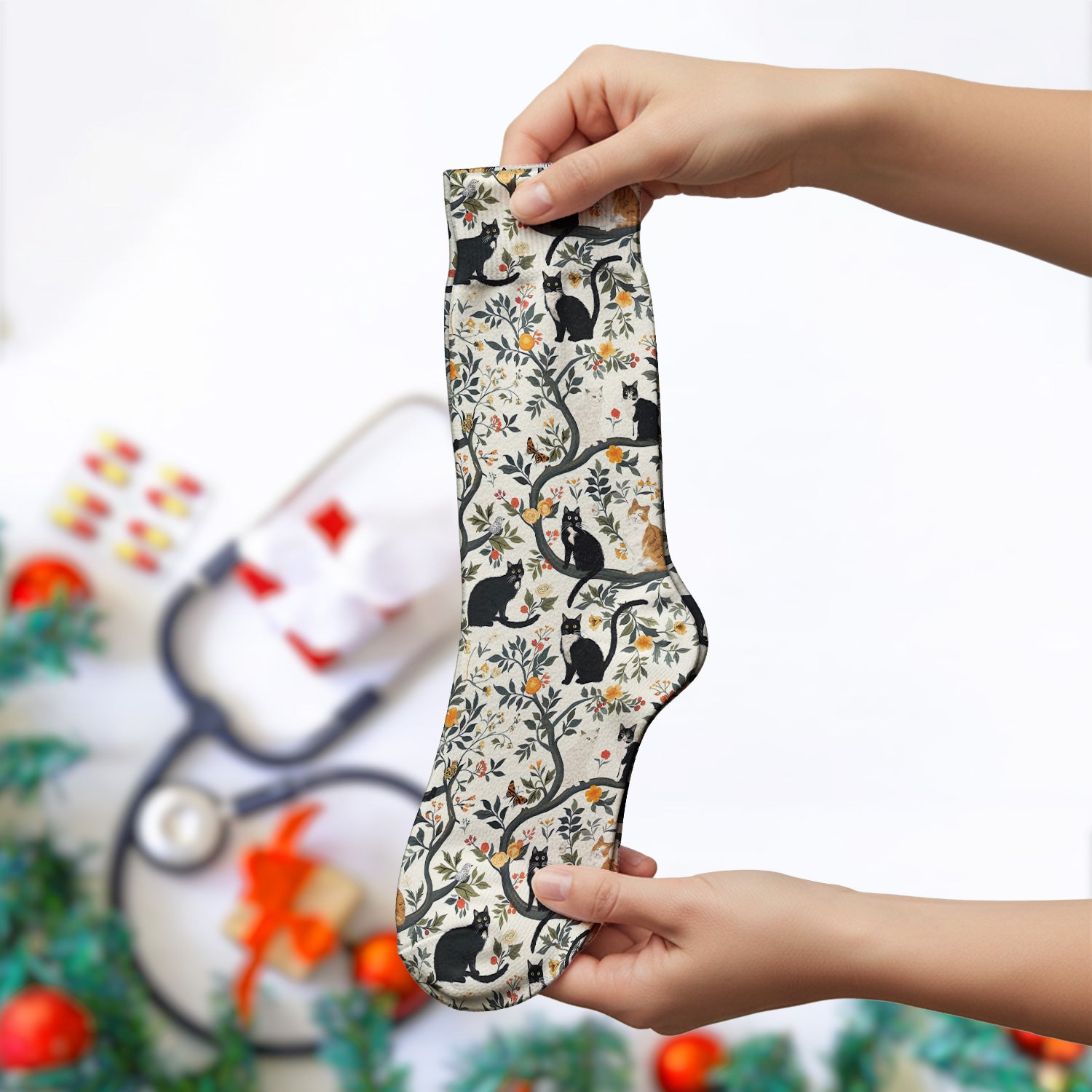 Vintage Black Cat Floral Pattern Socks, Adult Socks for Men and Women