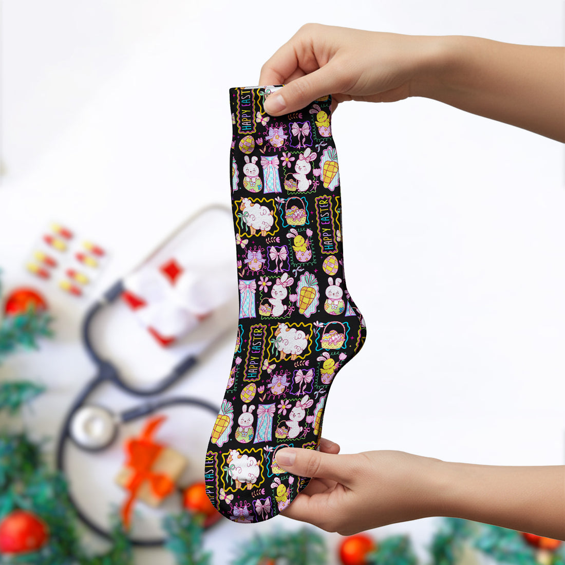 Cute Easter Bunny Egg and Bow Print Socks, Breathable Fabrics Medical Uniform