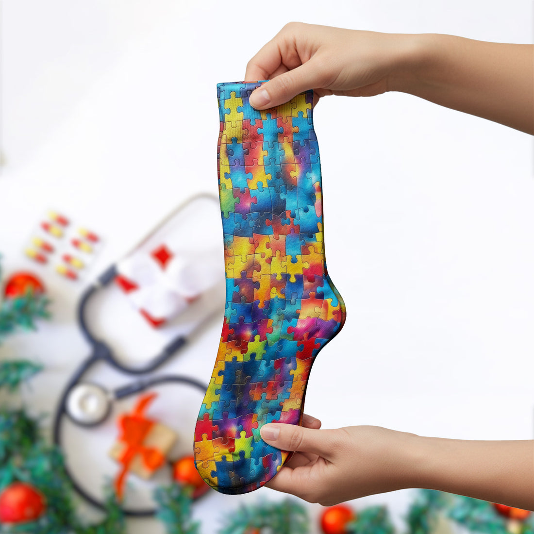 Rainbow Puzzle Piece Pattern Socks, Adult Socks for Men and Women