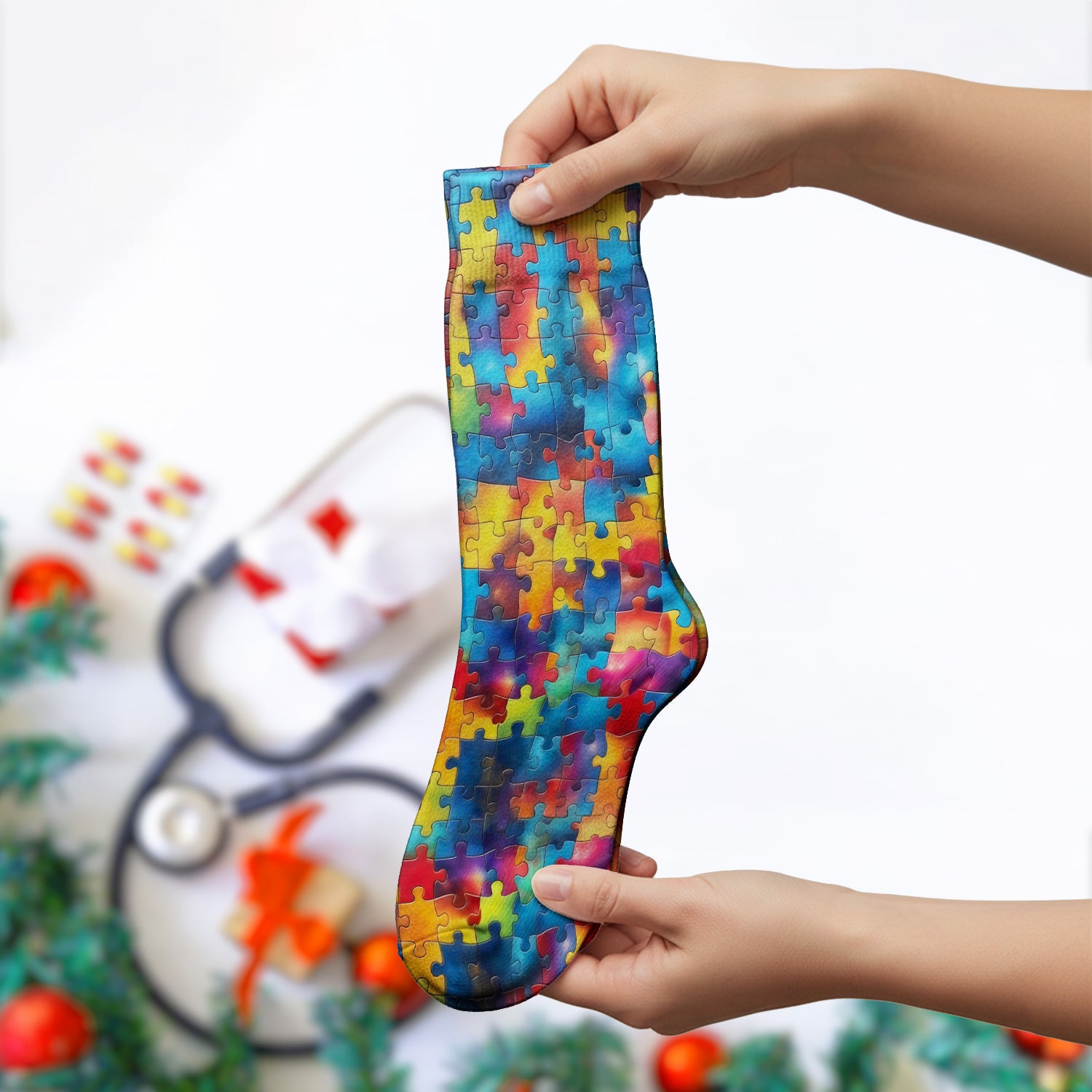 Rainbow Puzzle Piece Pattern Socks, Adult Socks for Men and Women