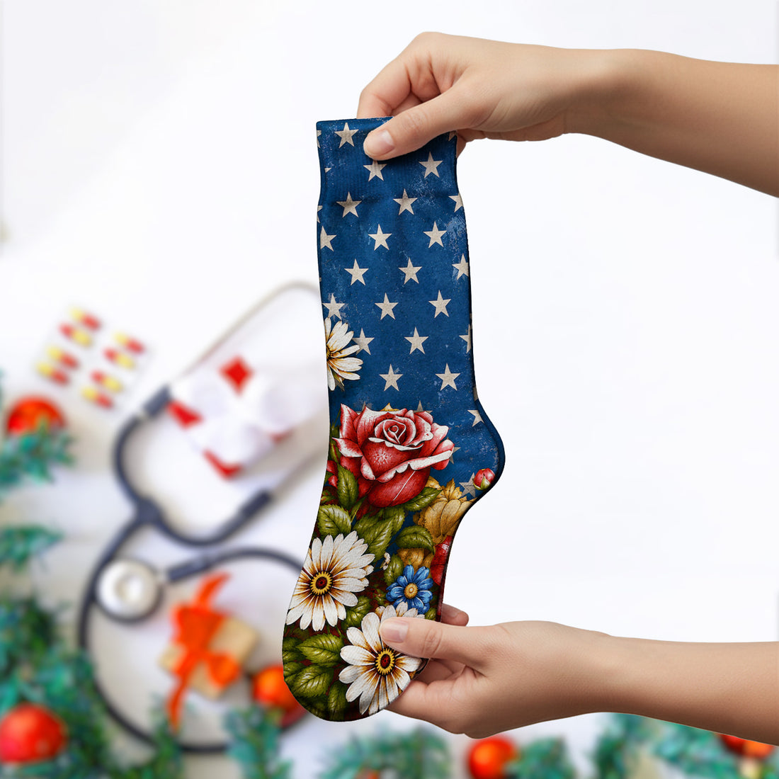 American Flag Vintage Rose Floral Pattern Socks, Adult Socks for Men and Women