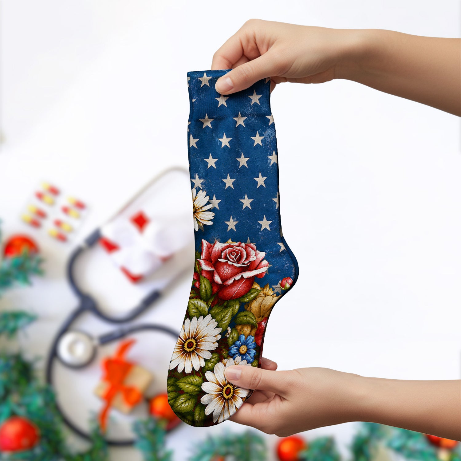 American Flag Vintage Rose Floral Pattern Socks, Adult Socks for Men and Women