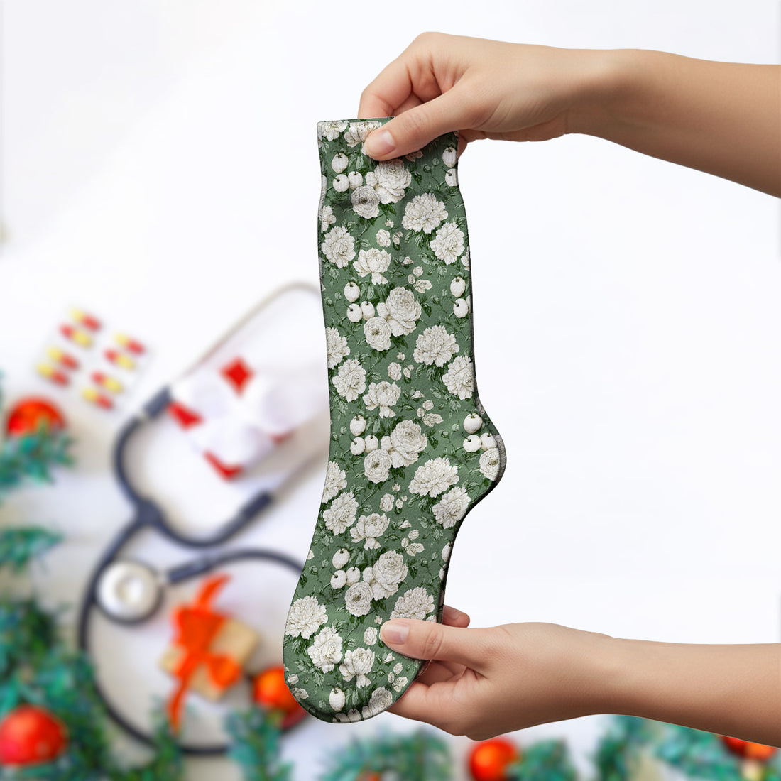 Elegant White Rose Garden Pattern Socks, Adult Socks for Men and Women