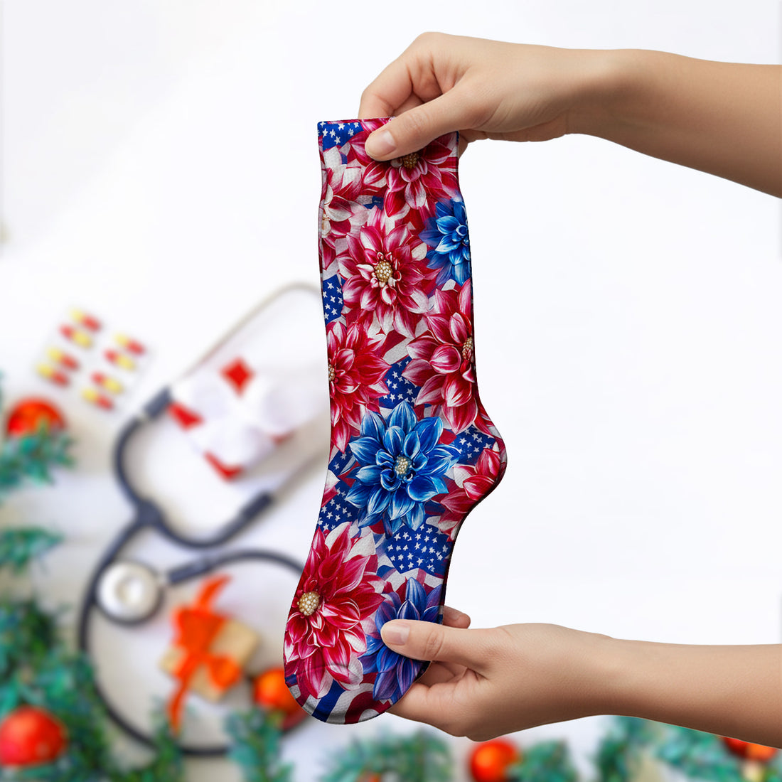 Festive Patriotic Floral Flag Pattern Socks, Adult Socks for Men and Women