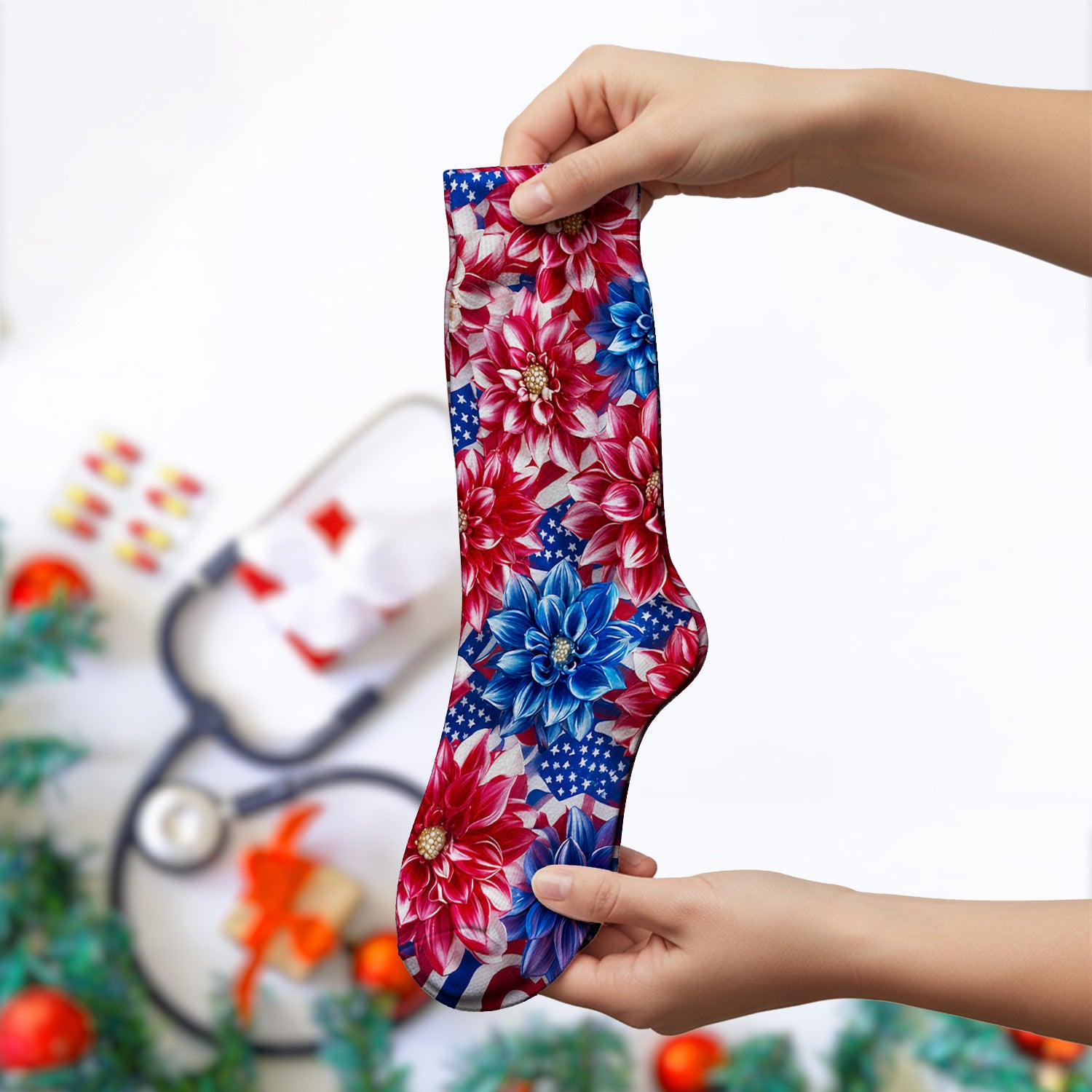 Festive Patriotic Floral Flag Pattern Socks, Adult Socks for Men and Women