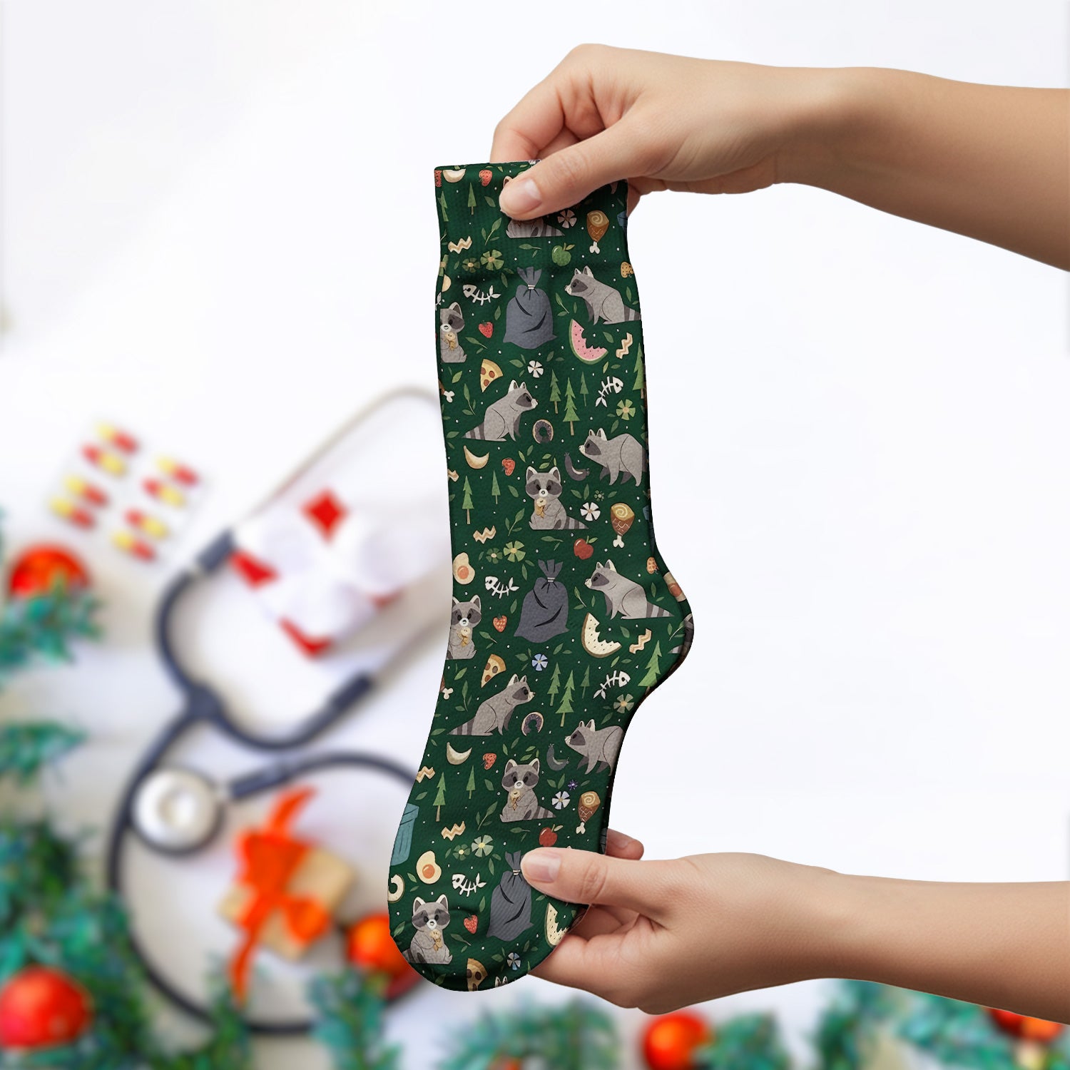 Cute Raccoon Forest Food Pattern Print Socks, Adult Socks for Men and Women