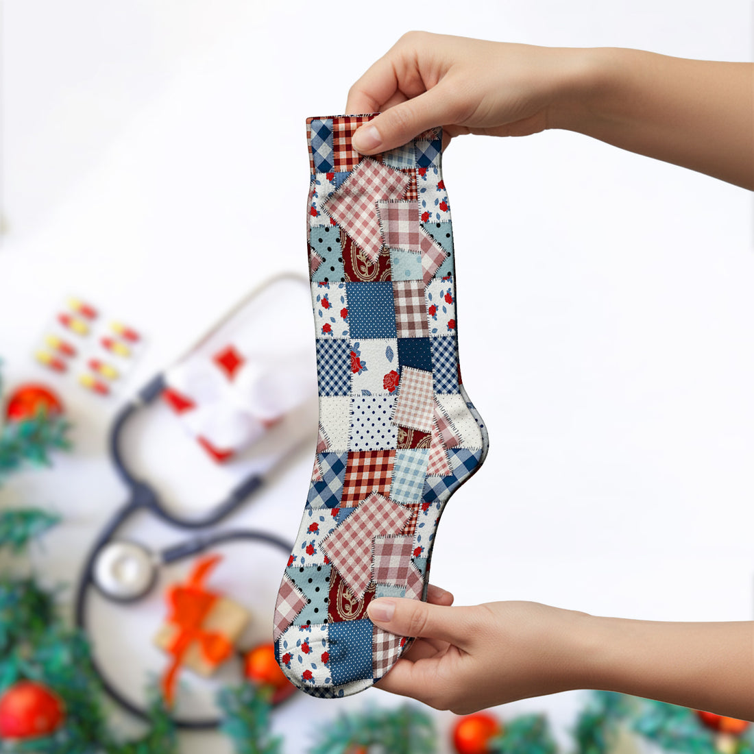 Retro Patchwork Plaid Quilt Pattern Socks, Socks for Nurse Doctor