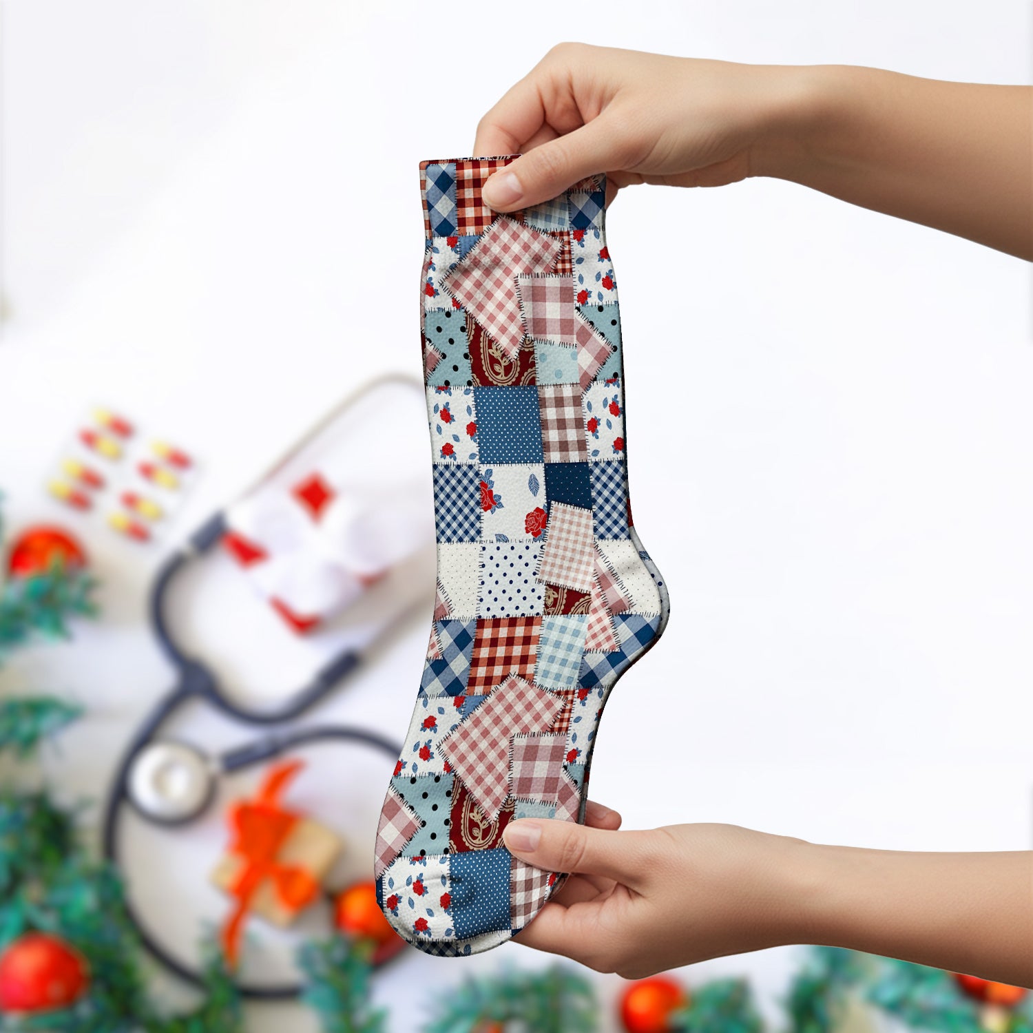 Retro Patchwork Plaid Quilt Pattern Socks, Socks for Nurse Doctor