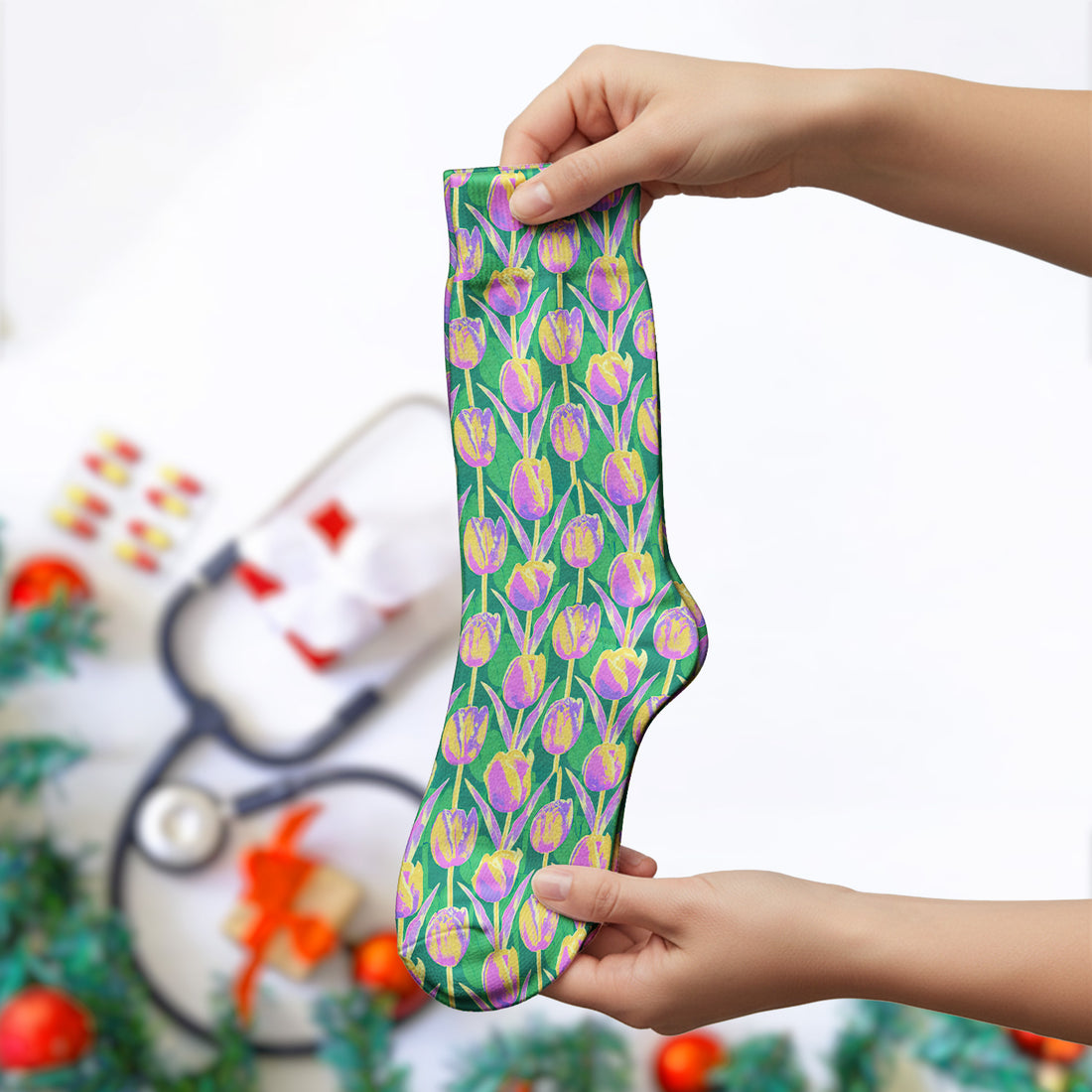 Colorful Tulip Floral Pattern Socks, Socks for Nurse Doctor