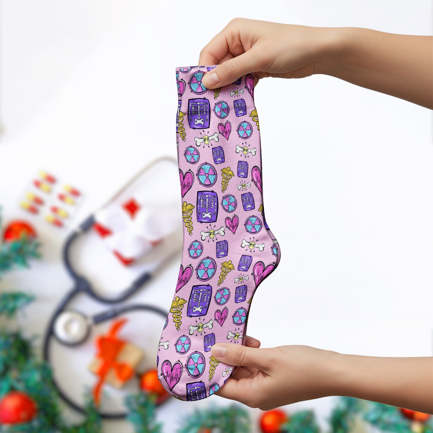 Sassy Nurse Heart Bone Caduceus Xray Icon Print Nurse Socks, Adult Socks for Men and Women