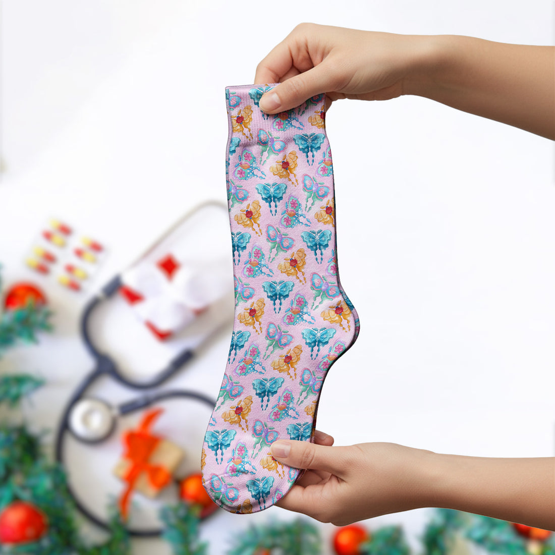 Colorful Butterfly With Floral Blossom Pattern Socks, Adult Socks for Men and Women