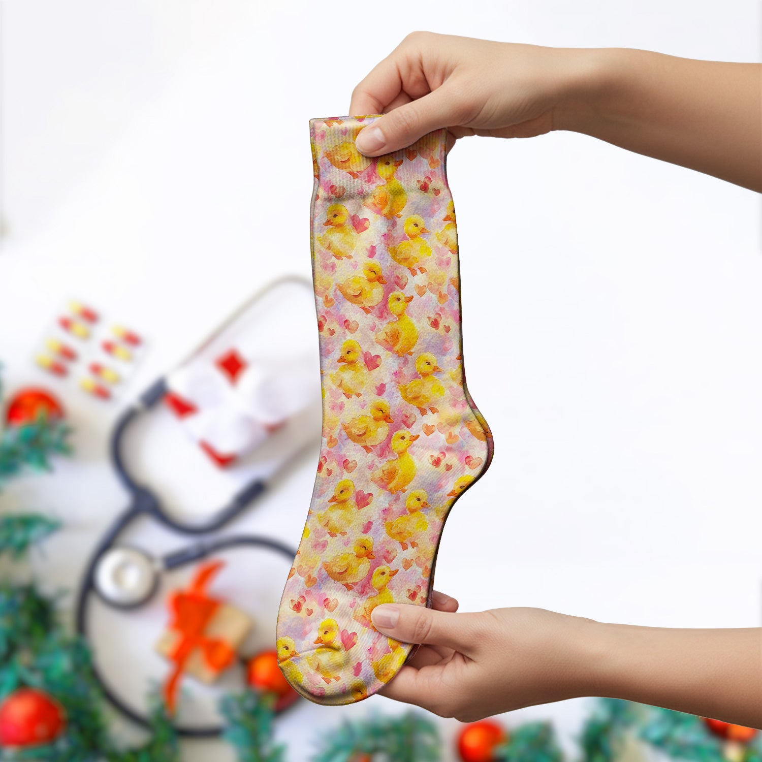 Cute Duck Heart Watercolor Pattern Socks, Adult Socks for Men and Women