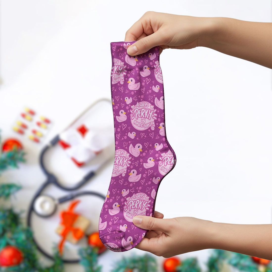 Always Perky Plastic Surgery Duck Pattern Print Socks, Adult Socks for Men and Women