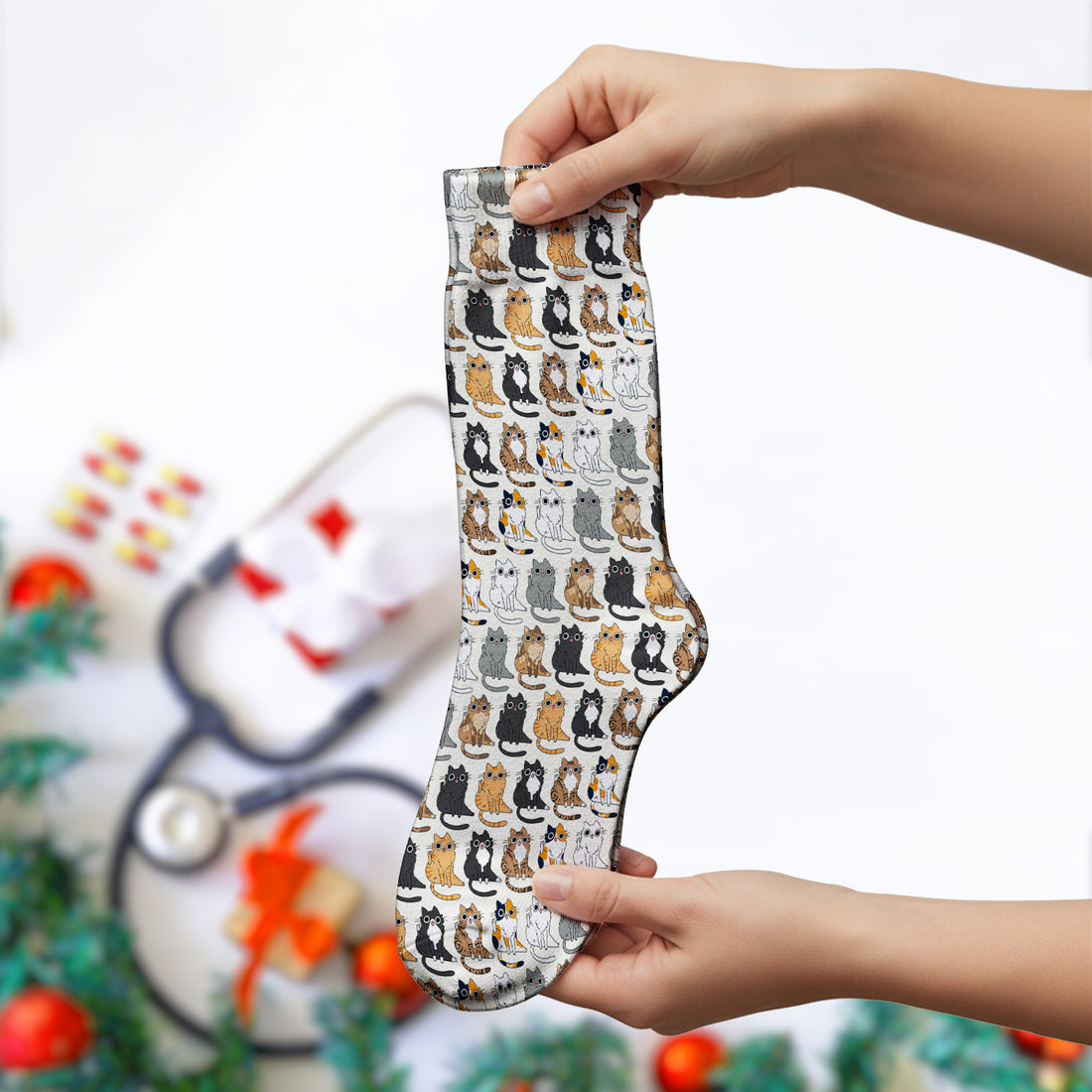 Cute Cartoon Cat Pattern Medical Socks, Breathable Fabrics Medical Uniform