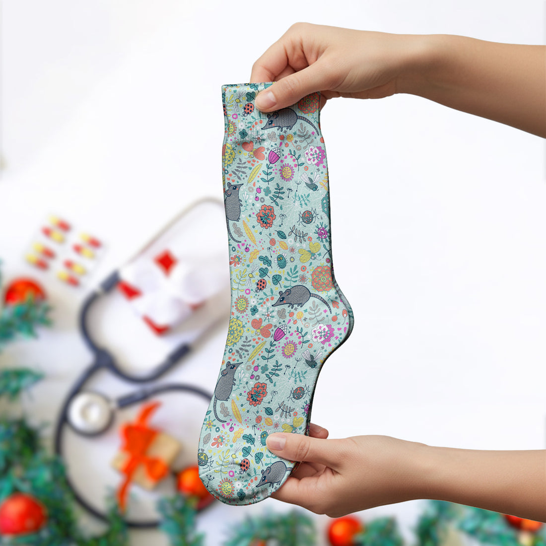 Woodland Mouse Floral Pattern Socks, Breathable Fabrics Medical Uniform