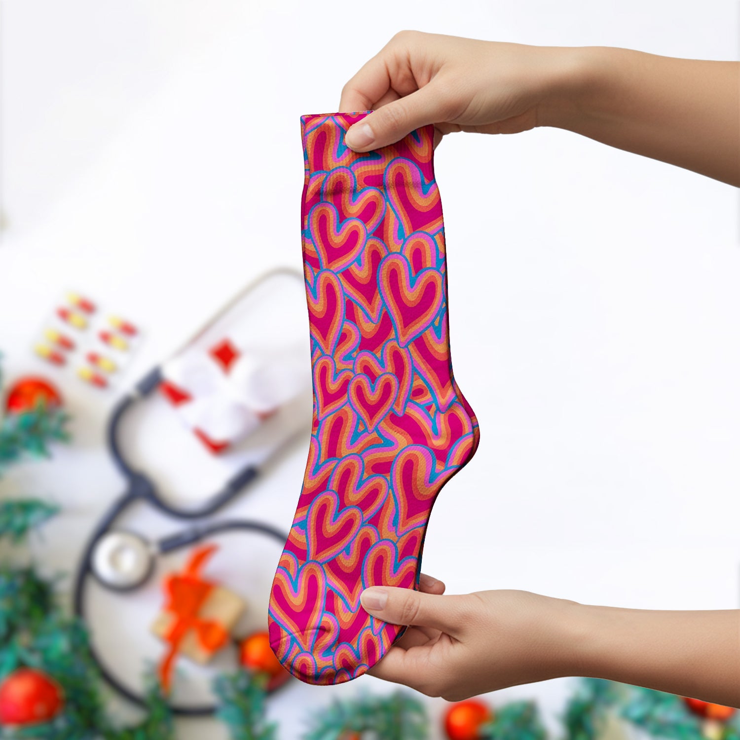 Cute Valentine Nurse Heart Pattern Socks, Socks for Nurse Doctor