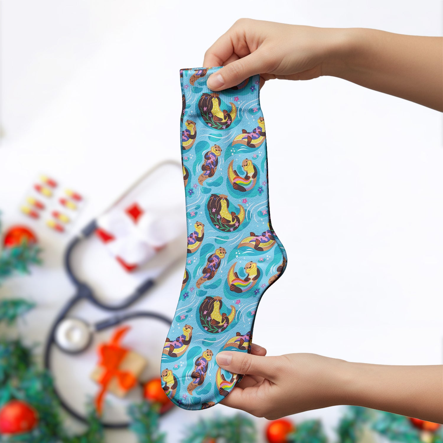 Otter Floating River Rainbow Pattern Socks, Adult Socks for Men and Women