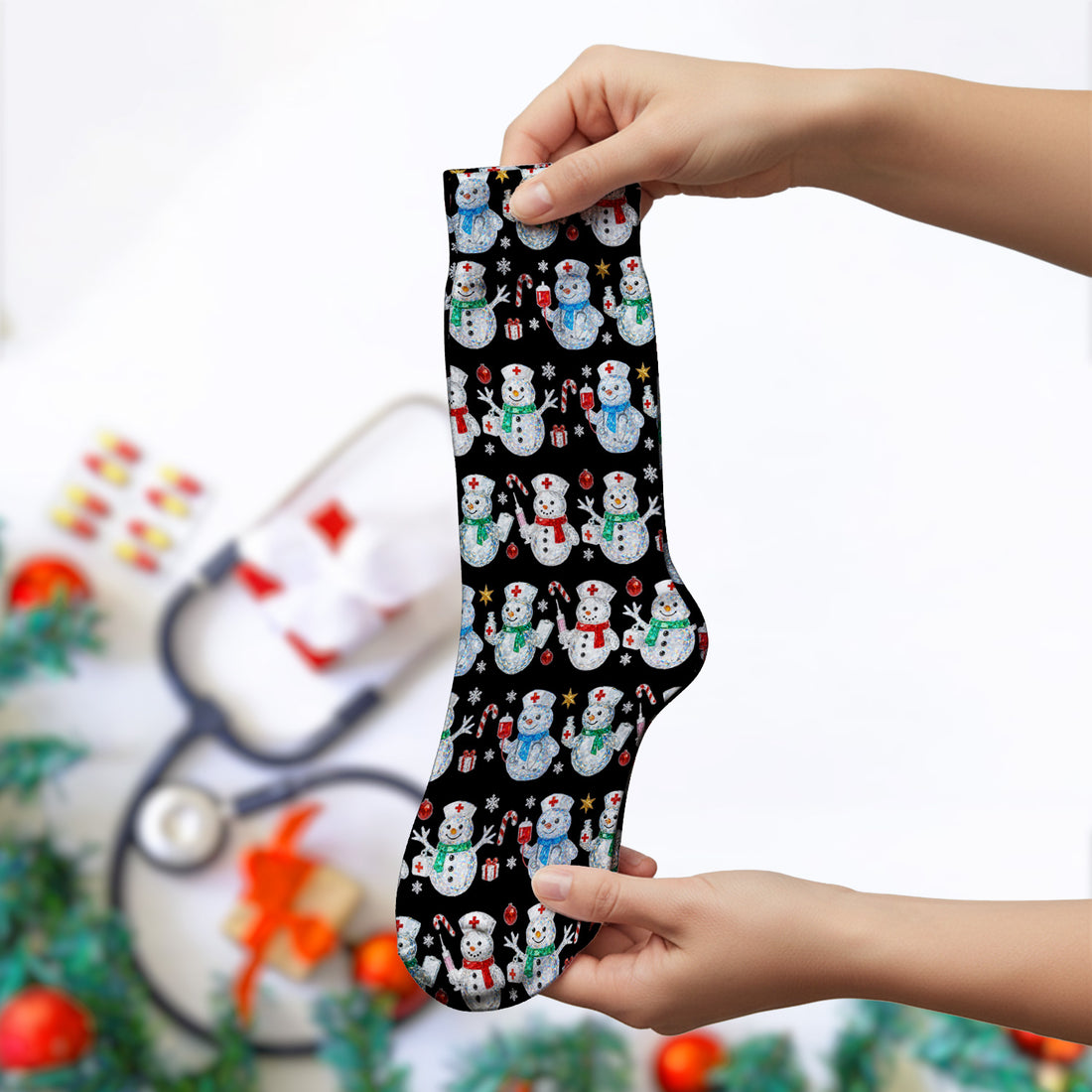 Nurse Snowman Christmas Scrub Socks, Cute Holiday Medical Pattern Sock For Women, Winter Snowflake Nursing Uniform