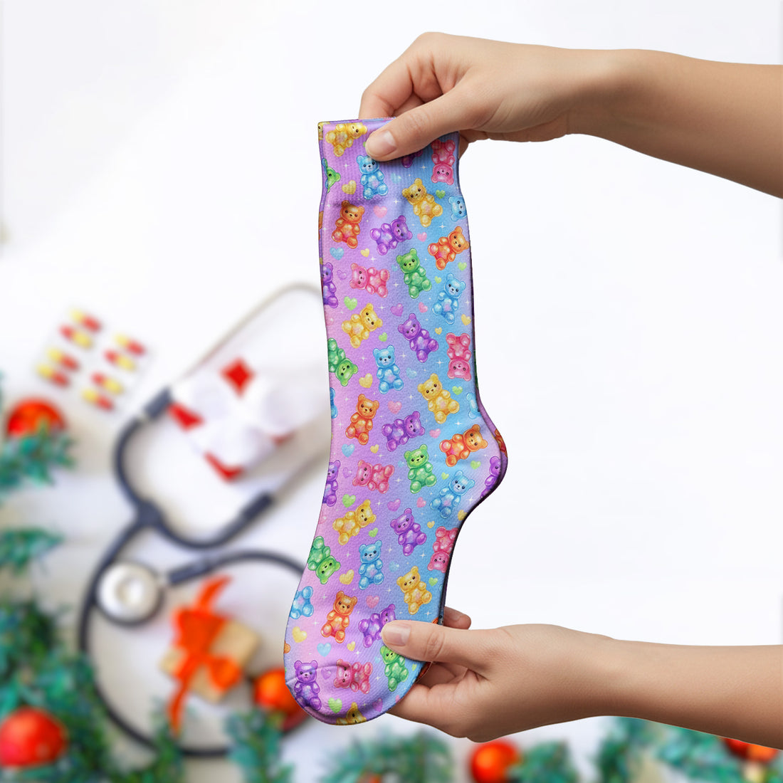 Colorful Gummy Bear Pattern Floral Socks, Adult Socks for Men and Women