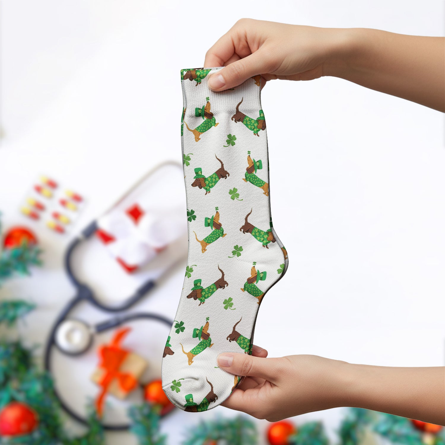 St. Patrick’s Day Dachshund Scrub Socks, Funny Wiener Dog Nurse Sock, Breathable Fabrics Nursing Uniform