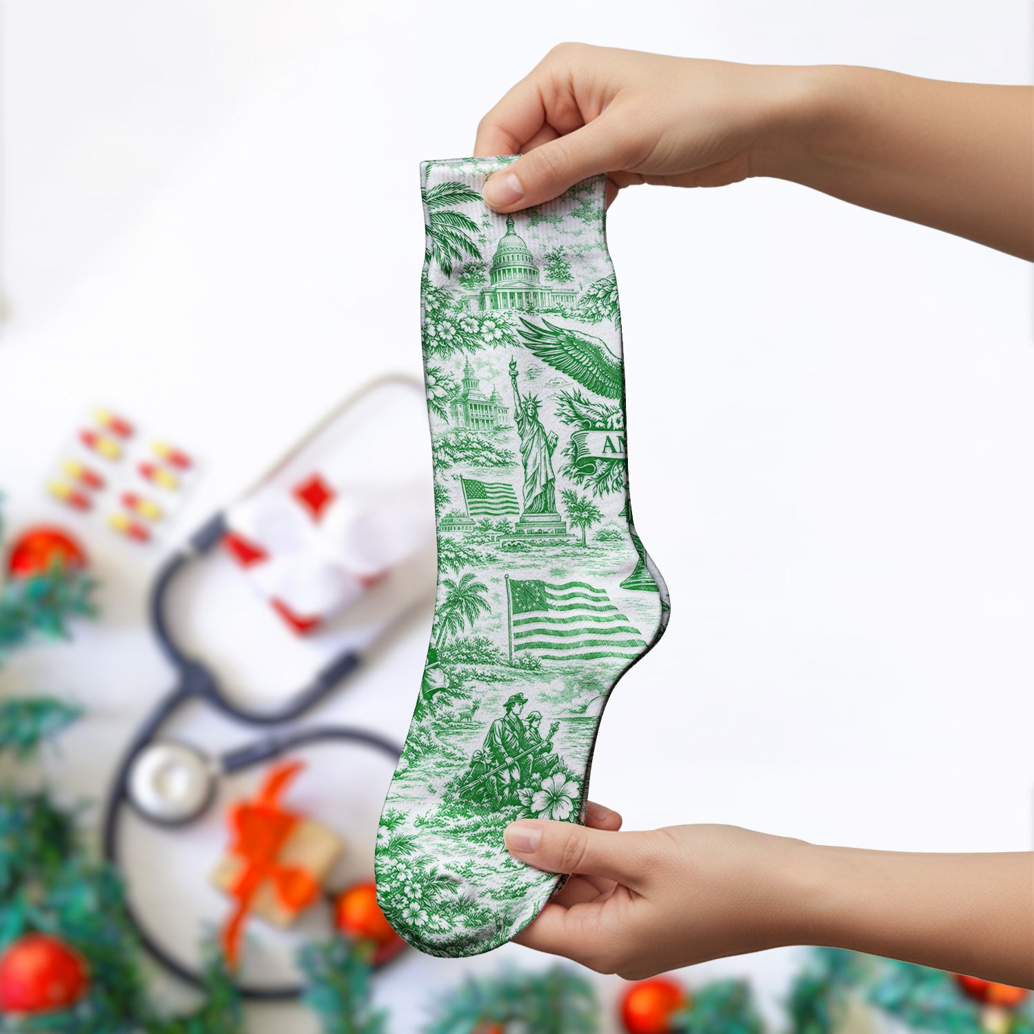 Patriotic America Heritage Toile Pattern Sock, Breathable Fabrics Medical Uniform