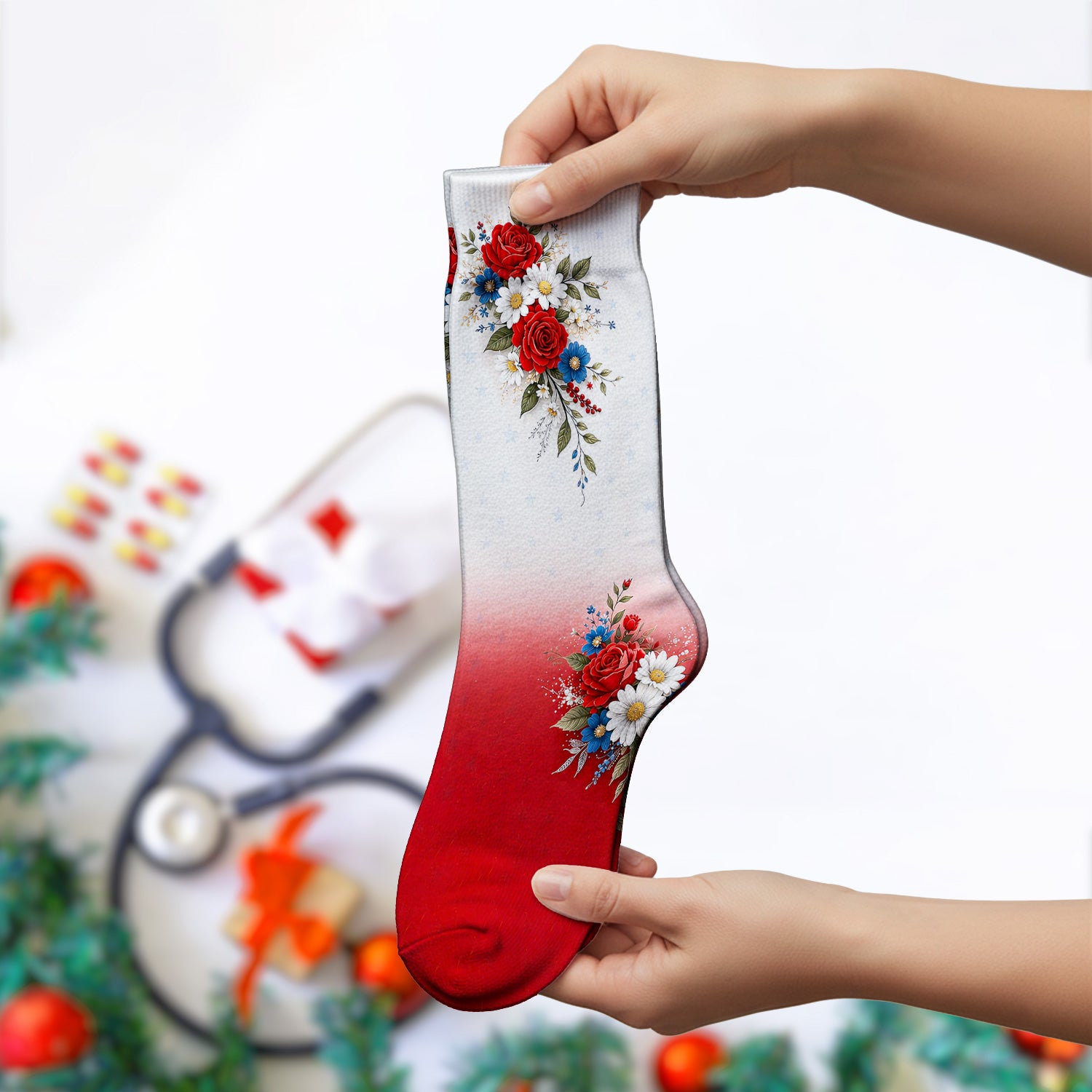 Patriotic 250th Flag Floral Pattern Socks, Adult Socks for Men and Women