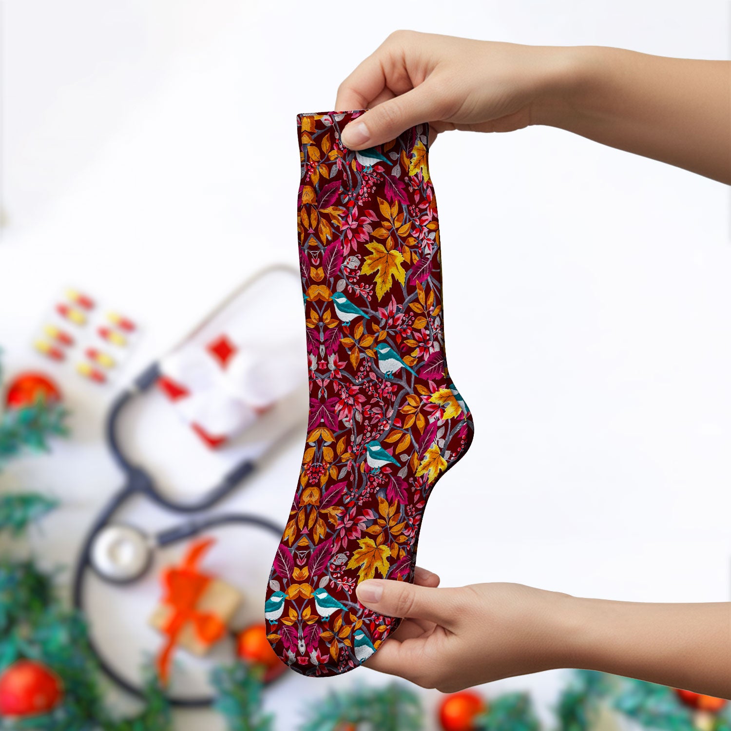 Autumn Leaves Blue Bird Pattern Print Socks, Breathable Fabrics Medical Uniform