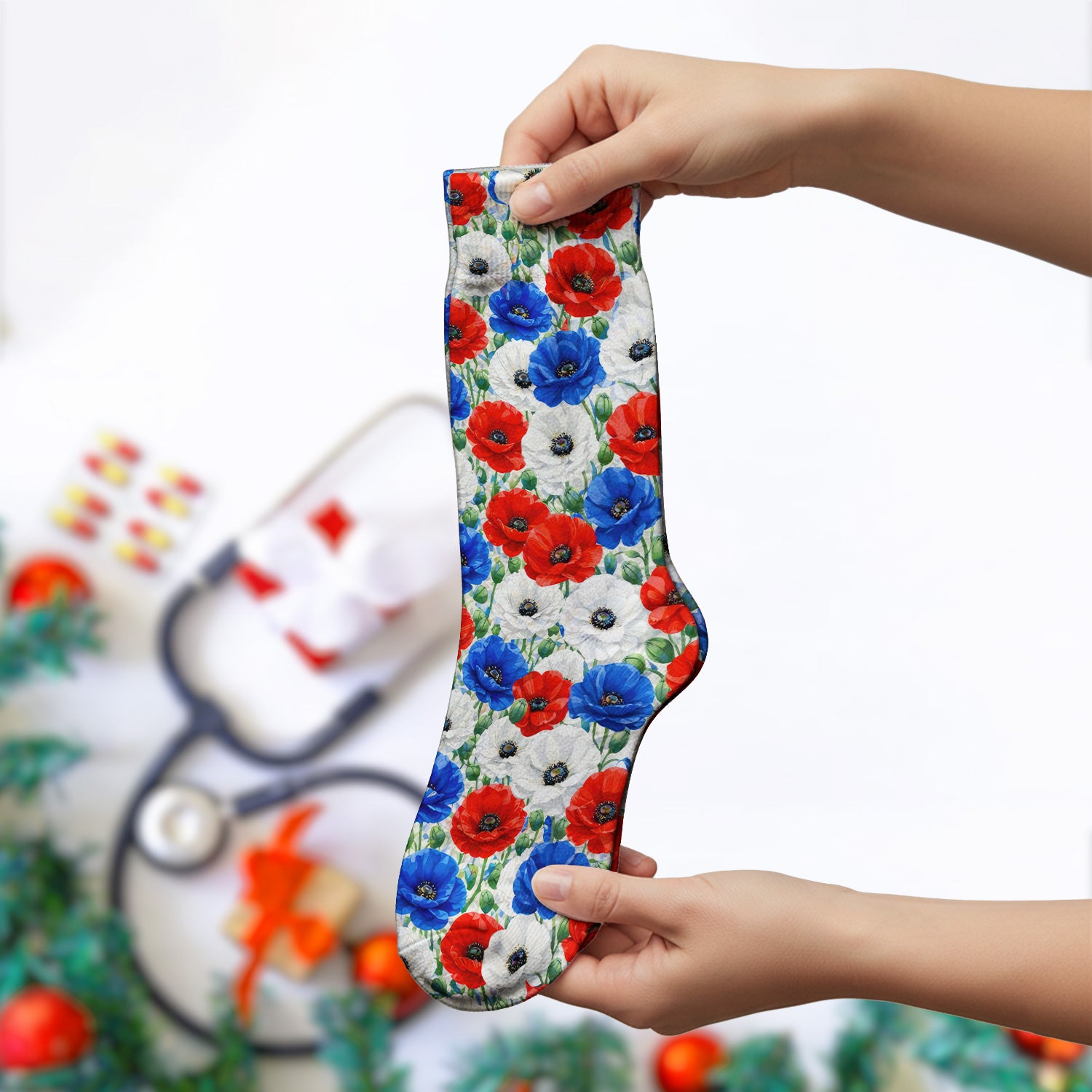 Festive Patriotic Red Blue Poppy Floral Pattern Socks, Adult Socks for Men and Women