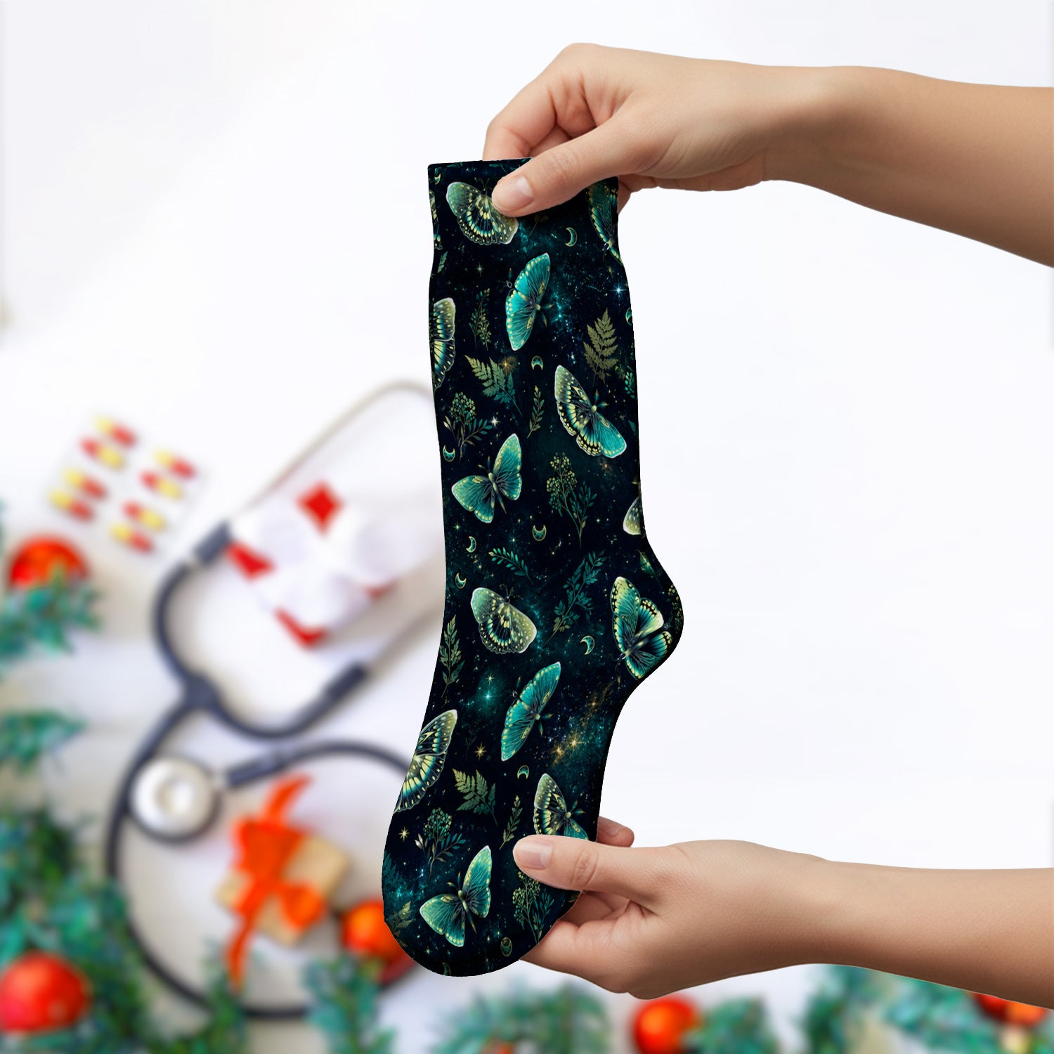 Mystical Moonlight Butterfly Garden Pattern Socks, Adult Socks for Men and Women